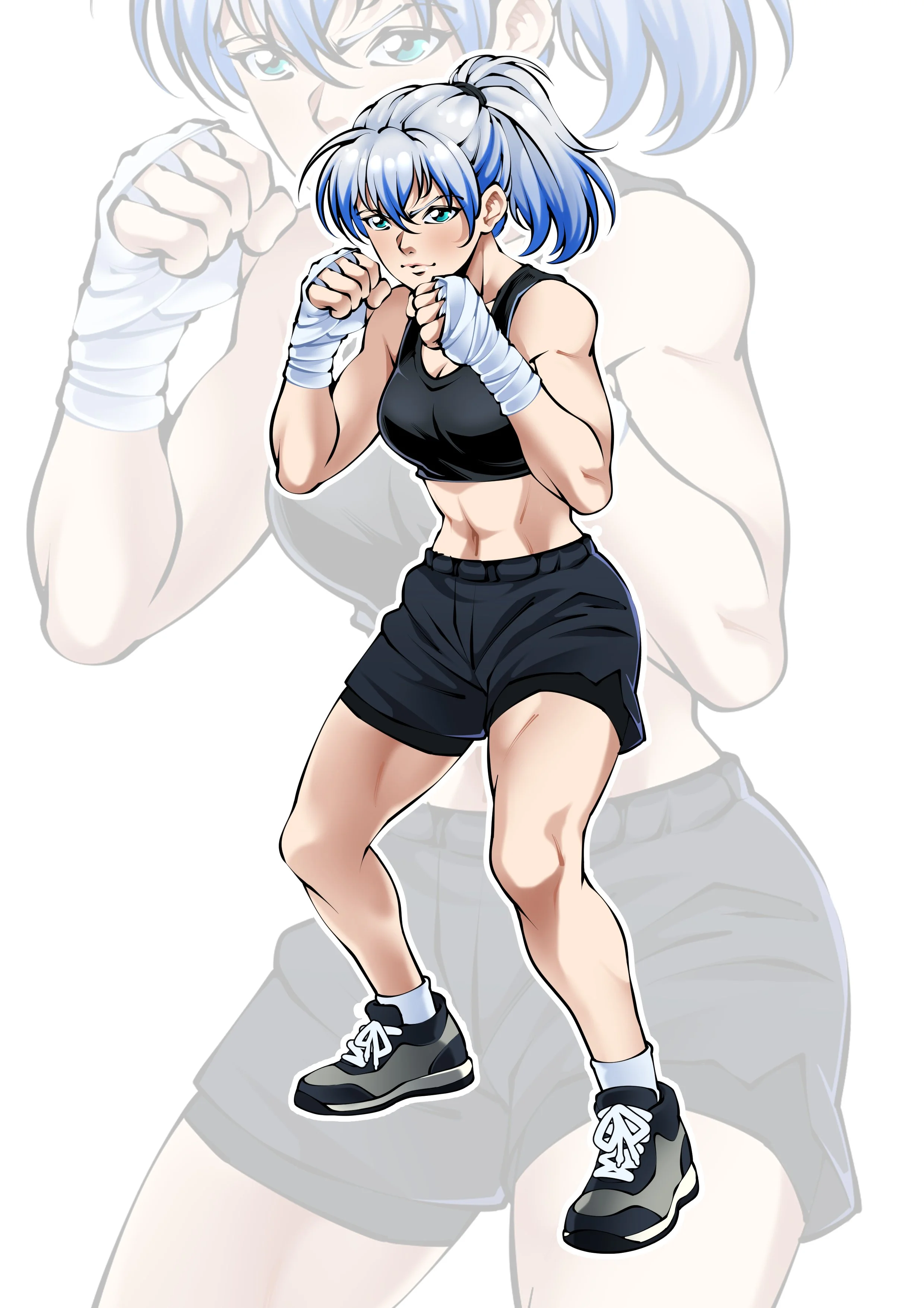 Anime-style illustration of a fierce young woman with blue and white hair, wearing a black sports bra, black shorts, and black sneakers with white laces, in a boxing stance with fists raised.