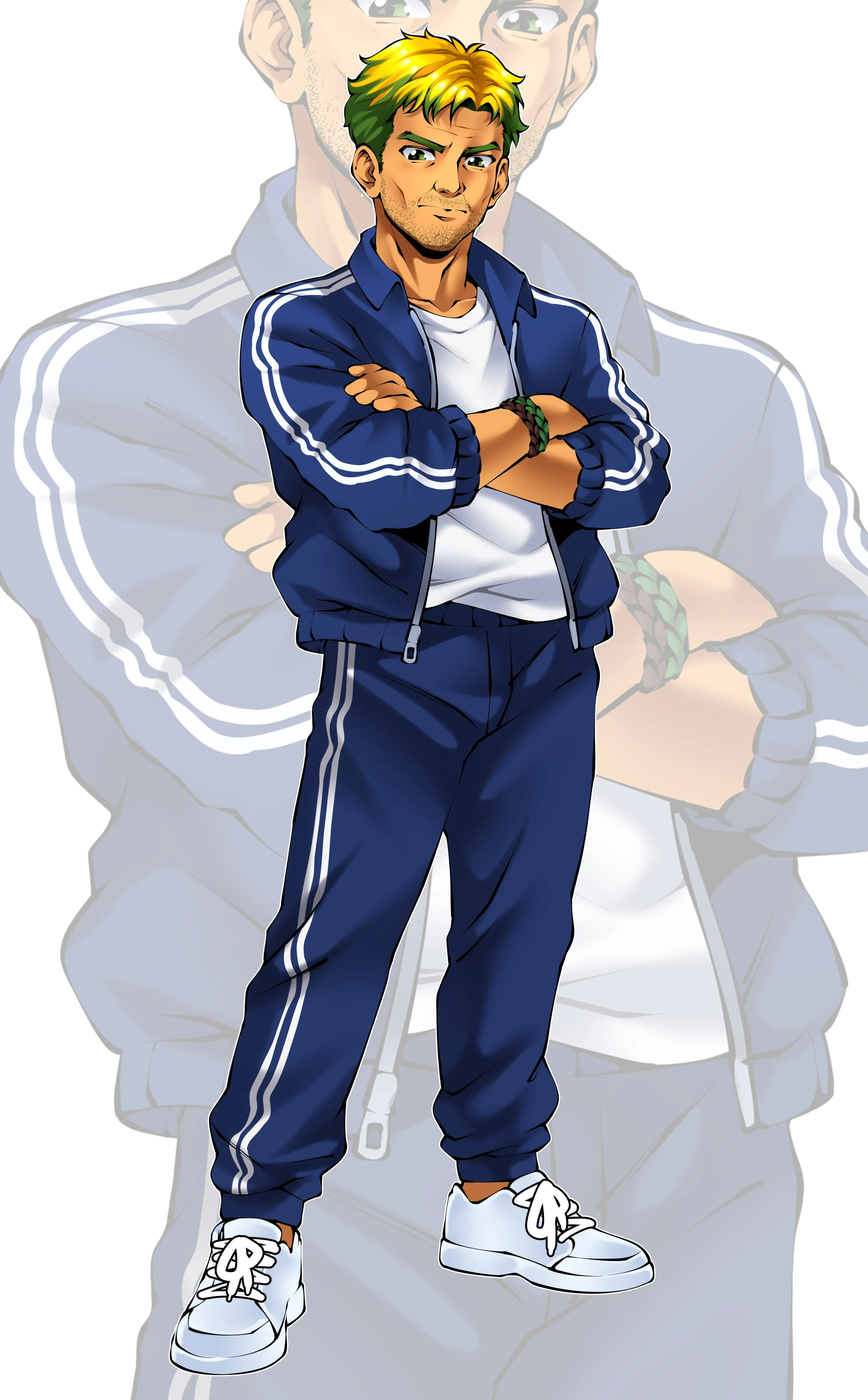 Digital illustration of a confident young man with crossed arms, dressed in a navy blue track suit with white stripes, white T-shirt, and white sneakers, with a shadowed version of himself behind.