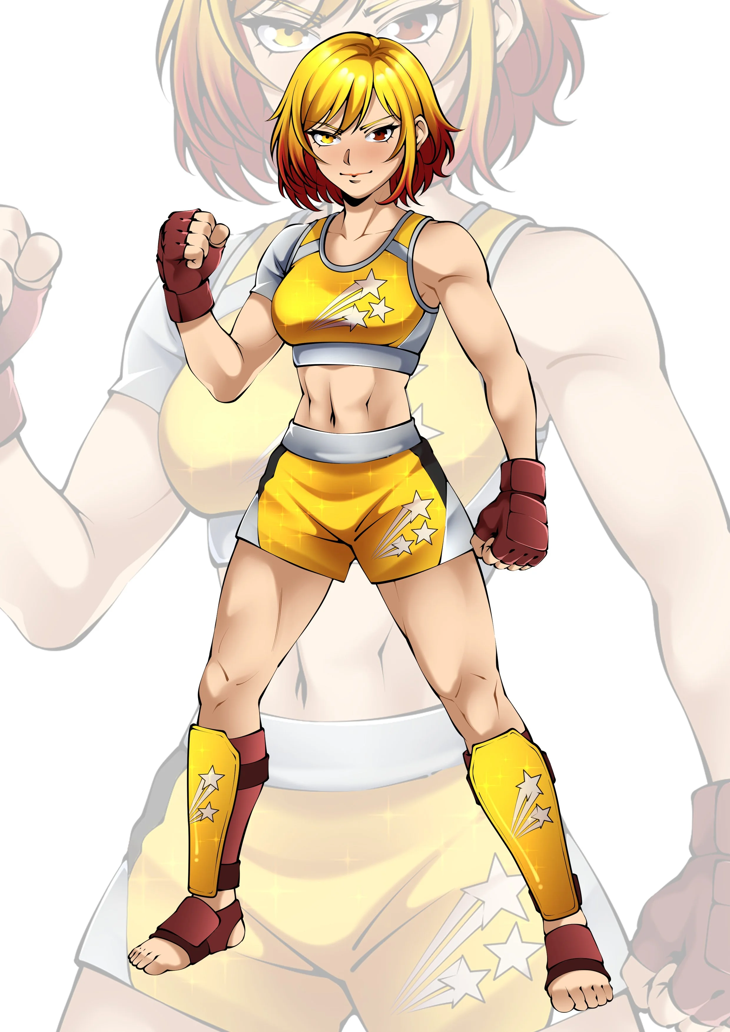 Anime-style female fighter with short marroon and yellow hair in a yellow and gray sports outfit with star and comet designs, raising her fist in a confident pose.