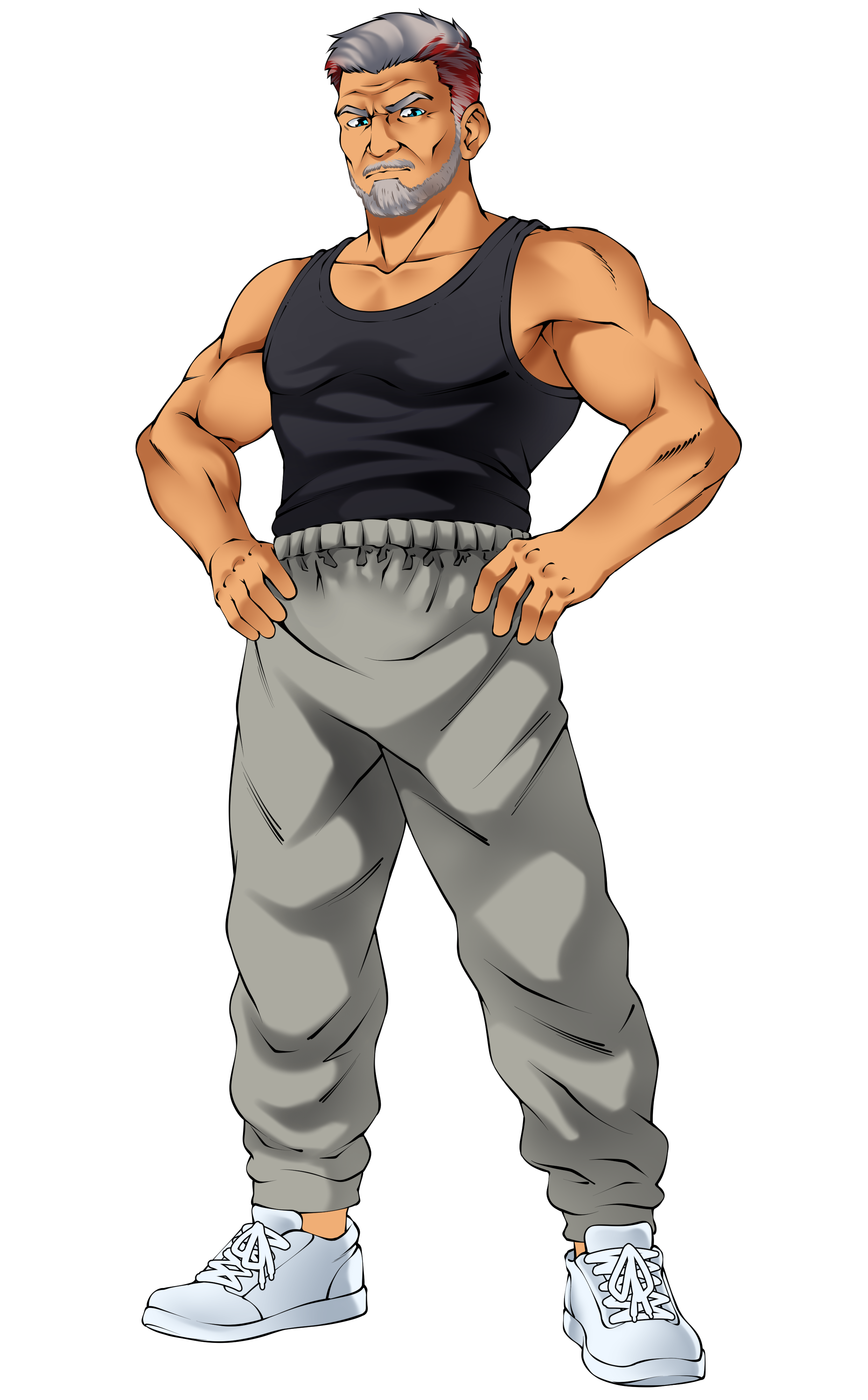 An animated muscular man with gray hair and beard, wearing a black sleeveless shirt, gray sweatpants, white sneakers, and standing with hands on hips.