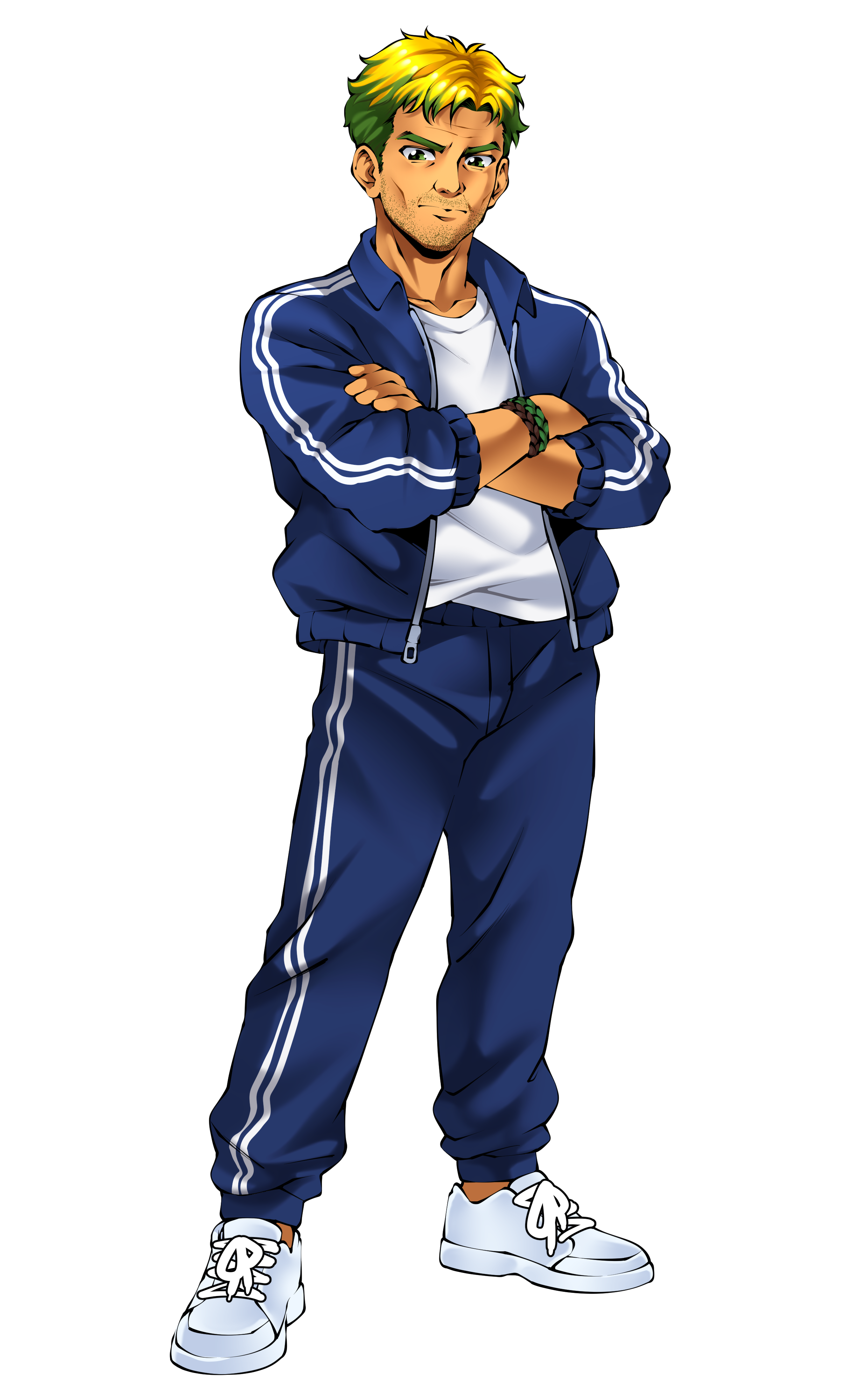 Digital illustration of a confident young man with green and yellow hair, wearing a blue tracksuit with white stripes, a white t-shirt, and white sneakers, crossing his arms.