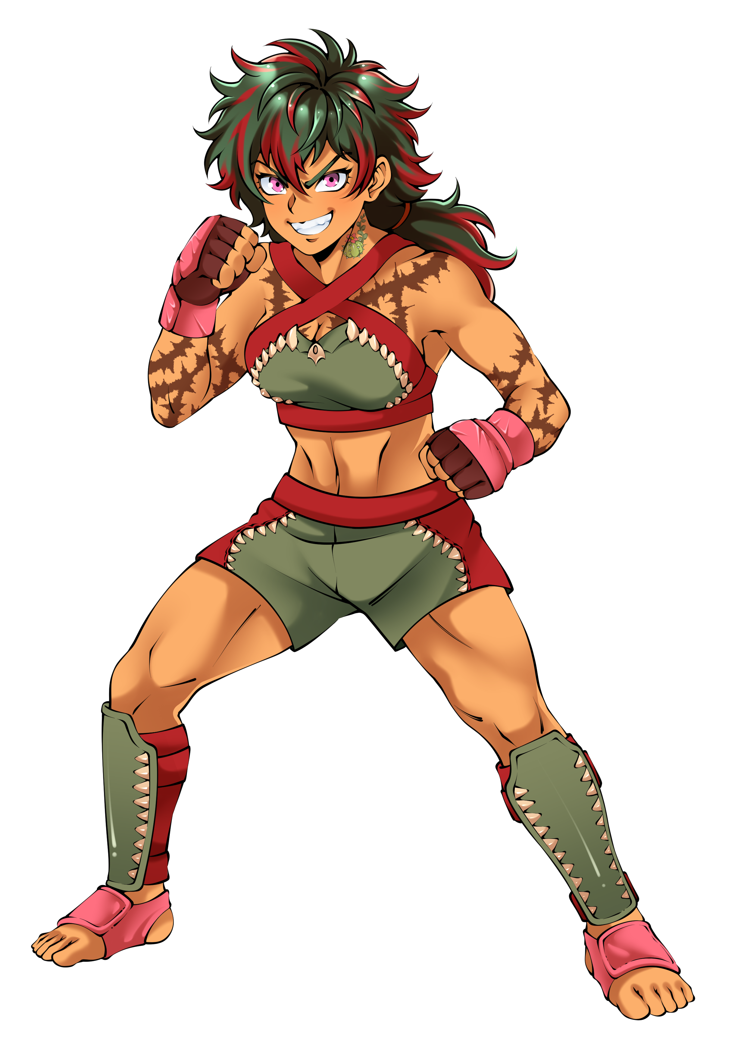 Anime-style character with spiky hair, purple eyes, and a confident expression, wearing a green and red martial arts outfit with sharp teeth designs, pink wristbands, and leg guards.