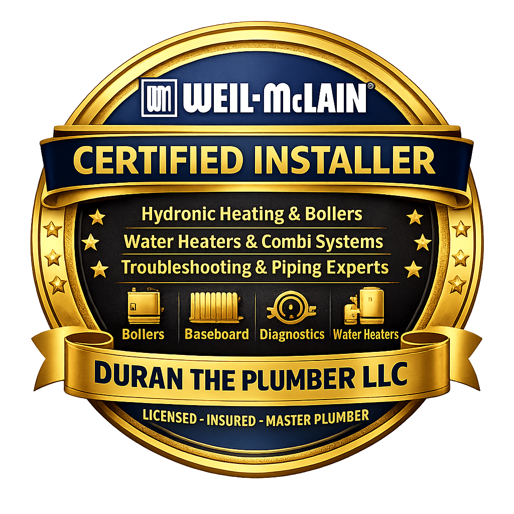 Gold and blue badge indicating certified installer by Weil-McLain for hydronic heating, water heaters, and troubleshooting by Duran the Plumber LLC.