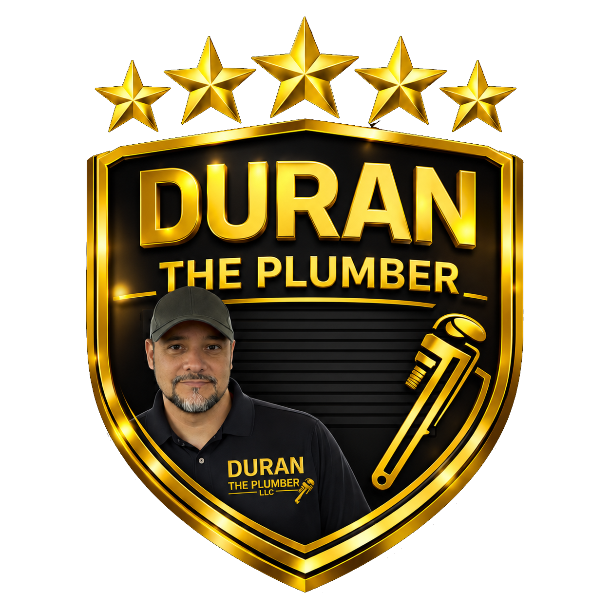 A logo for Duran the Plumber featuring a man in a black cap and black polo shirt with gold lettering, gold stars at the top, a gold and black shield design, and a gold pipe wrench graphic.