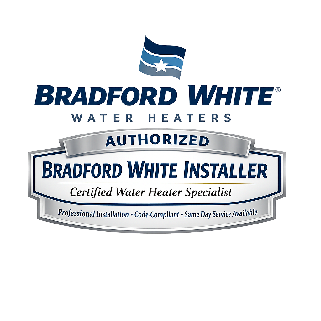 Logo for Bradford White Water Heaters, including a badge stating 'Authorized Bradford White Installer, Certified Water Heater Specialist, Professional Installation, Code-Compliant, Same Day Service Available,' with an American flag design at the top.