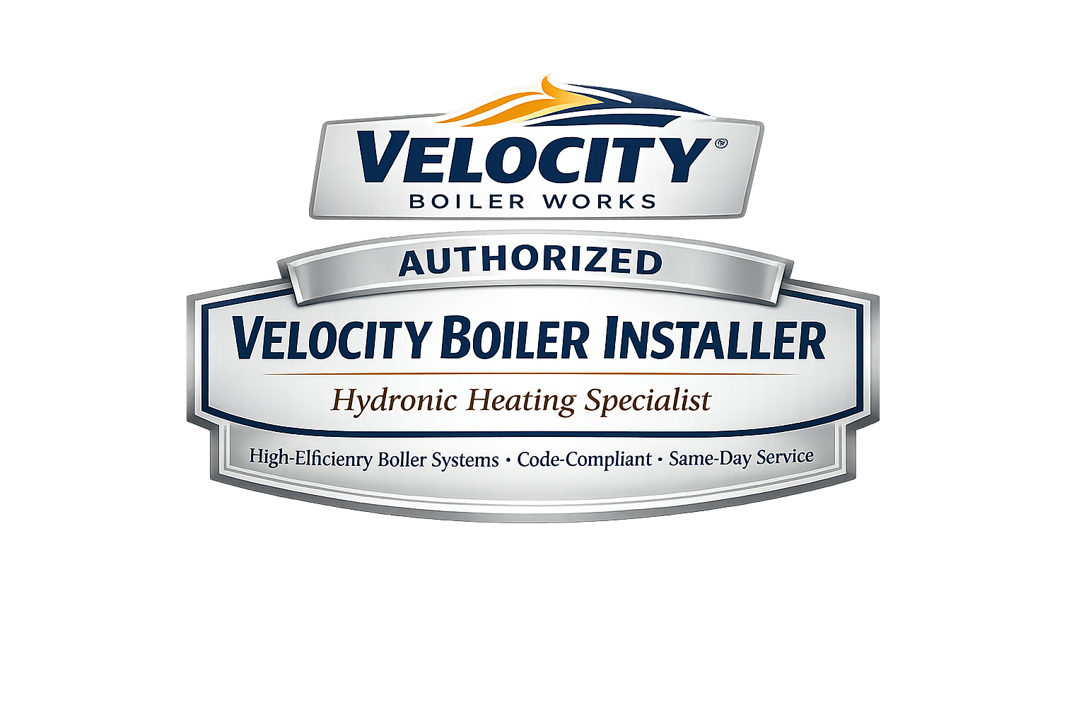 Certificate of authorization for Velocity Boiler Works, indicating they are approved Velocity Boiler Installer and Hydronic Heating Specialist, offering high-efficiency boiler systems, code-compliant, same-day service.