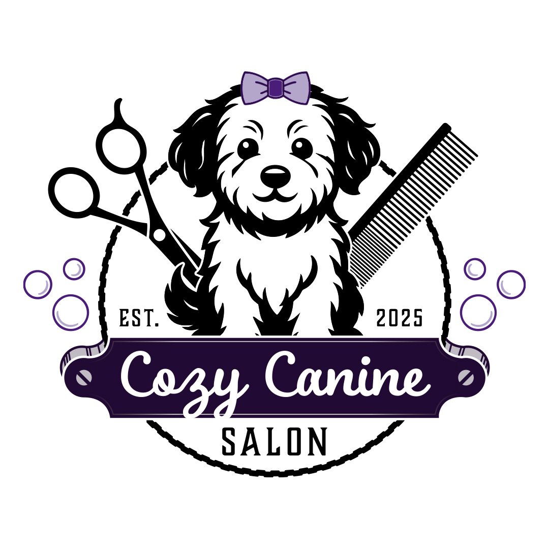 Cute illustration of a dog with a purple bow on its head, surrounded by grooming tools like scissors, a comb, and bubbles, with the text "Cozy Canine Salon" and the establishment year 2025.