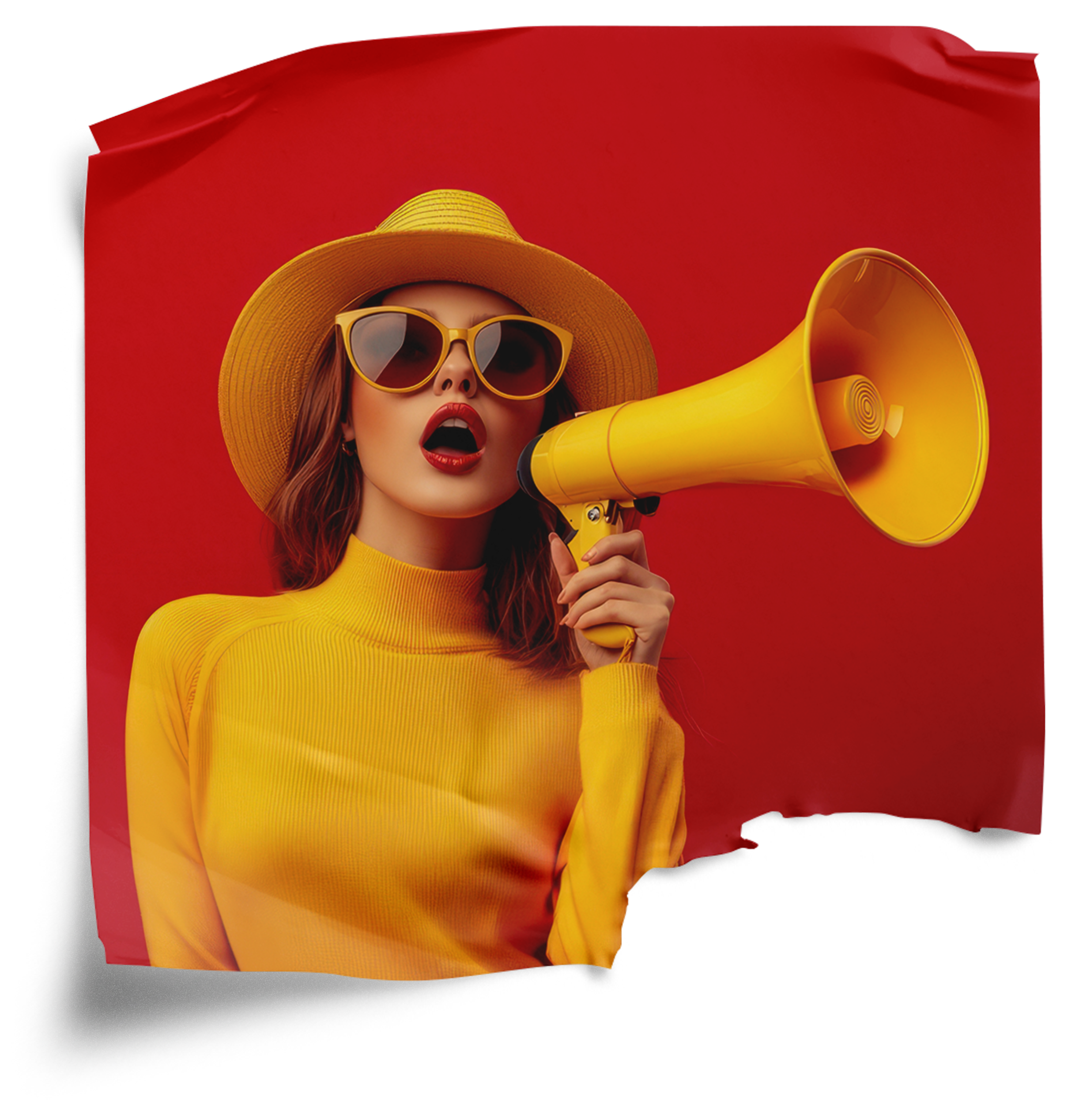 A woman wearing a yellow hat, sunglasses, and a yellow top, holding a yellow megaphone against a red background.