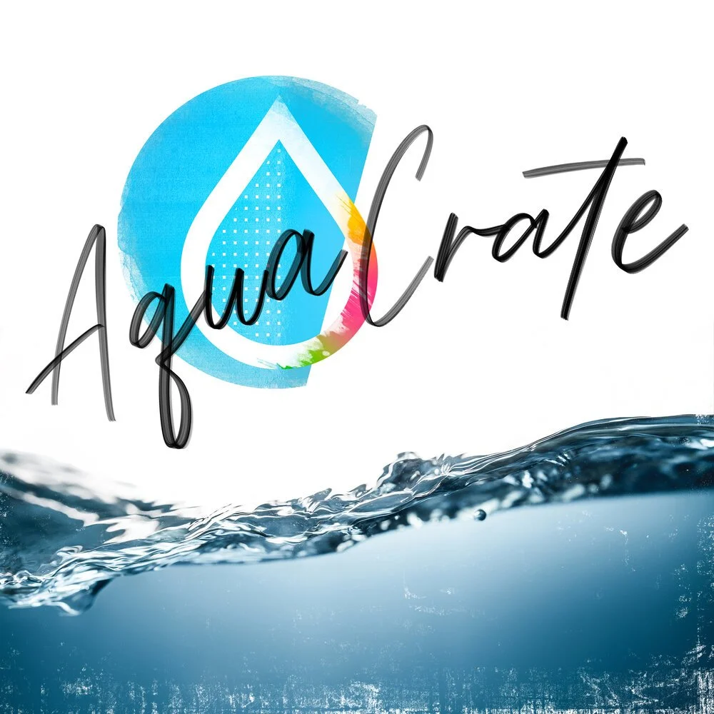 Water splash with a stylized water droplet and the text 'AquaCreate' in black cursive font.