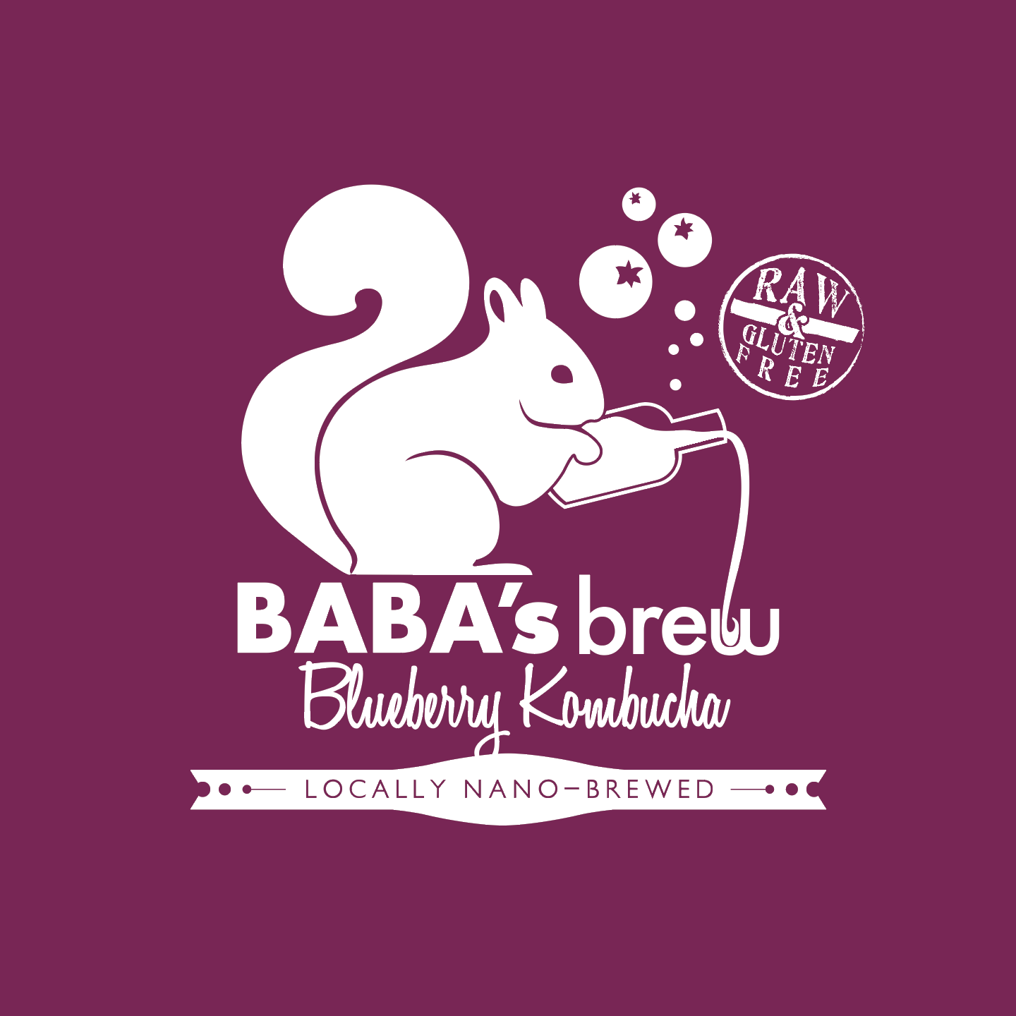 A stylized illustration of a squirrel drinking from a bottle, with blueberries and bubbles around it. Text reads "BABA's brew Blueberry Kombucha," indicating it's a locally nano-brewed, raw, and gluten-free beverage on a purple background.