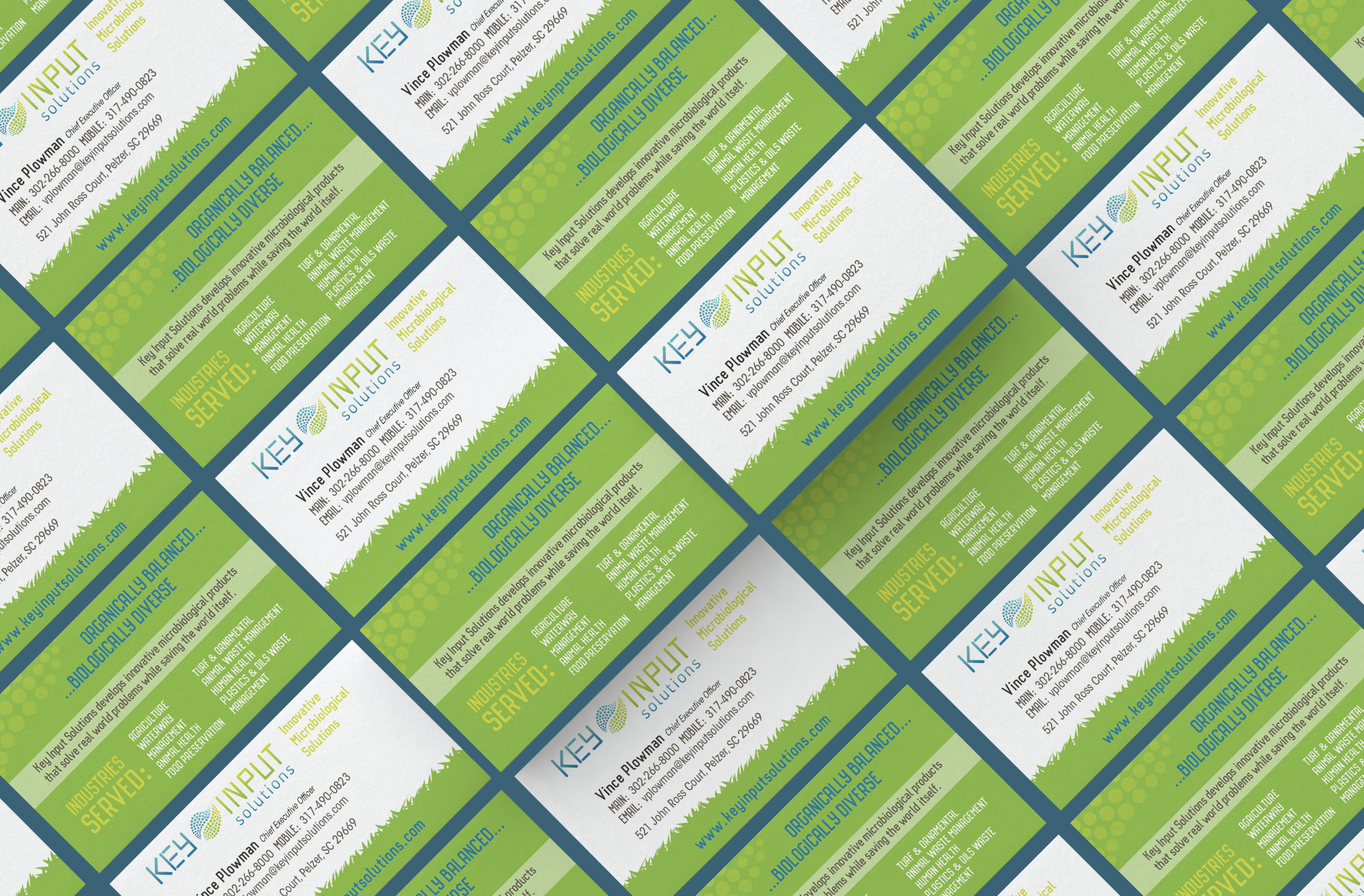 A repeating pattern of business cards for KEH Input Solutions, featuring a blue and green color scheme, company logo, contact information, and a slogan about sustainable microbicidal solutions.