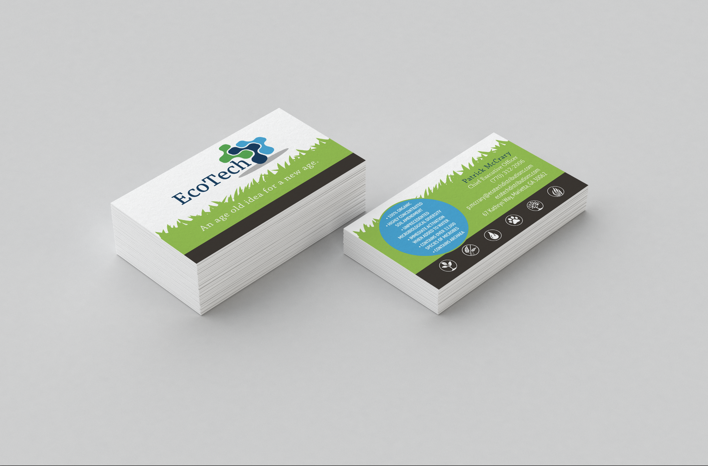 Business cards for EcoTech with green and blue design elements, company slogan 'An age old idea for a new age,' and contact information.