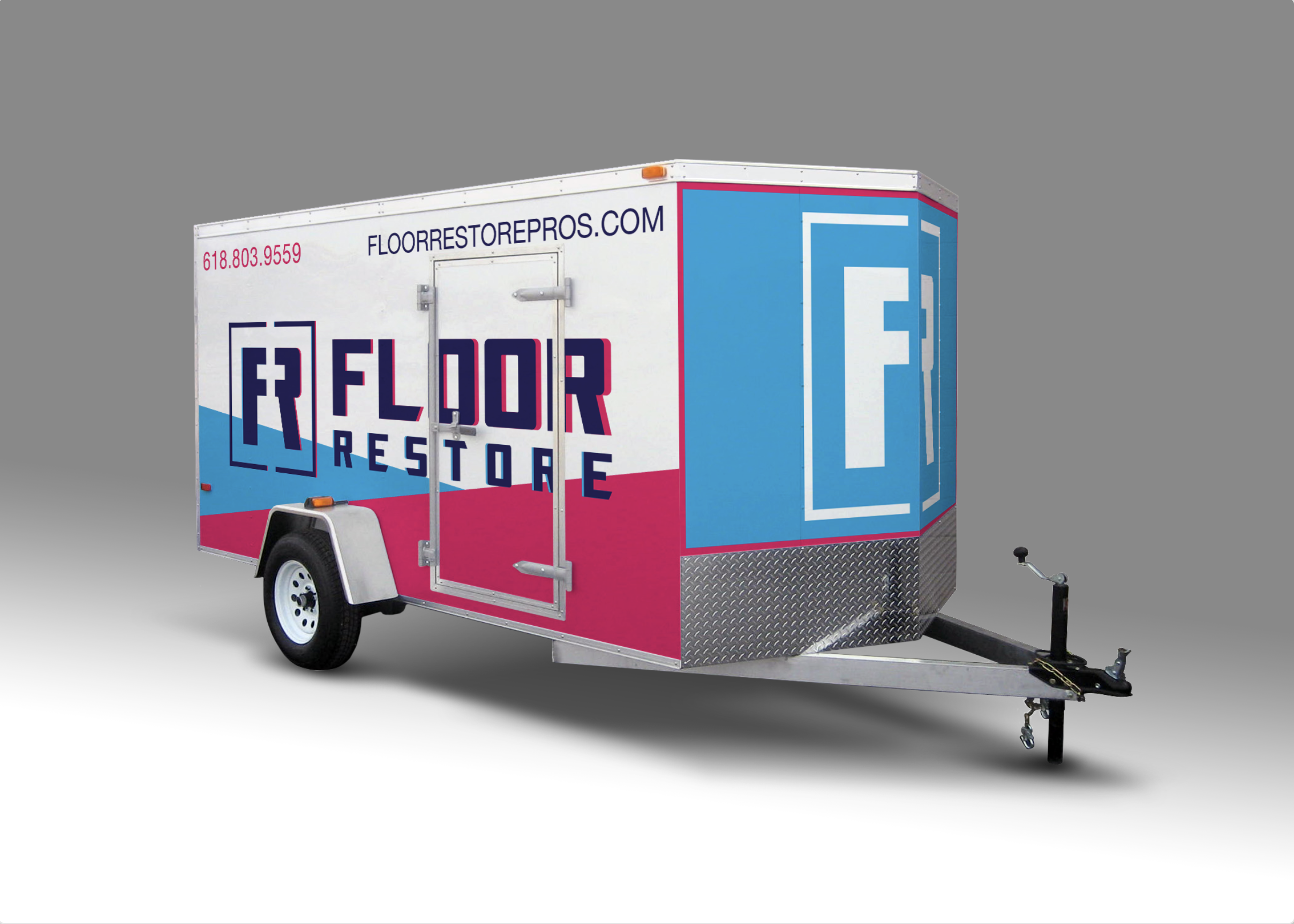 Logo, branding and trailer wrap design for Floor Restore, a family owned small business that offers floor restoration services in St. Louis, MO.