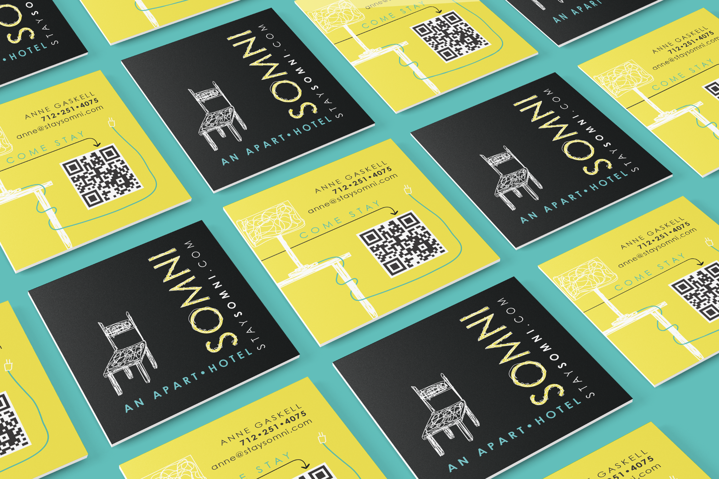 Business card and branding design for SOMNI, an apart•hotel in Siouxland Iowa. A totally stylish, fully-furnished apartment for monthly stays. Great for travelers who desire all the amenities of home, but who need the flexibility and convenience of a