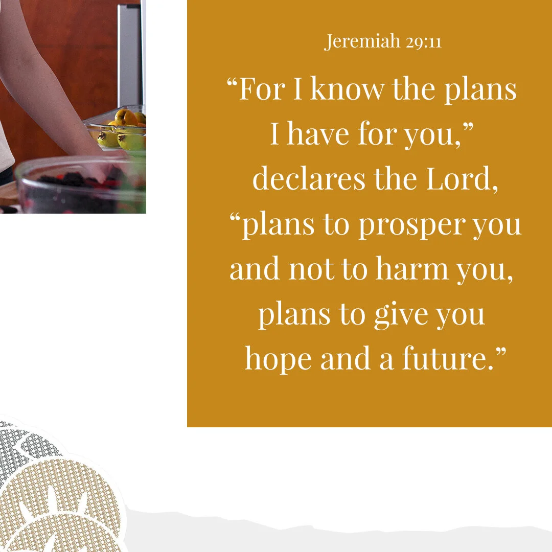 A religious quote from Jeremiah 29:11 about God's plans for prosperity and hope is displayed on a brown background. Part of a kitchen scene with a fruit bowl and a person in the background is visible to the left.