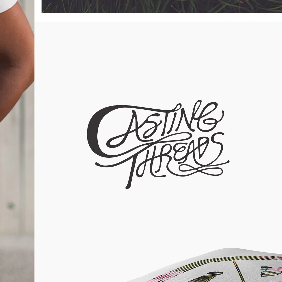 Black text that reads 'CASTING THREADS' written in decorative cursive style on a white background.