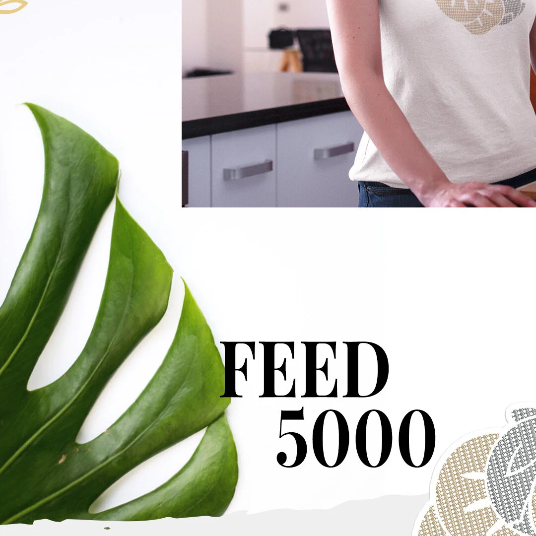 Close-up of large green tropical leaves on a white background with the text "FEED 5000" in black; part of a larger image showing a person in a kitchen in the top right corner.