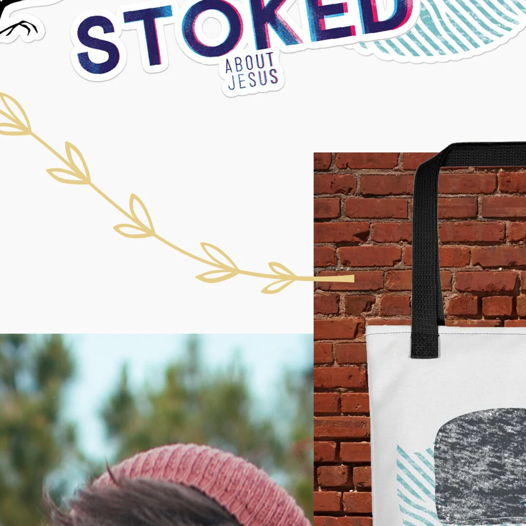Part of a graphic design with text reading 'STOKED ABOUT JESUS,' a gold leaf branch, a brick wall, a white tote bag with black handles, and a blurred part of a person in a pink hat.