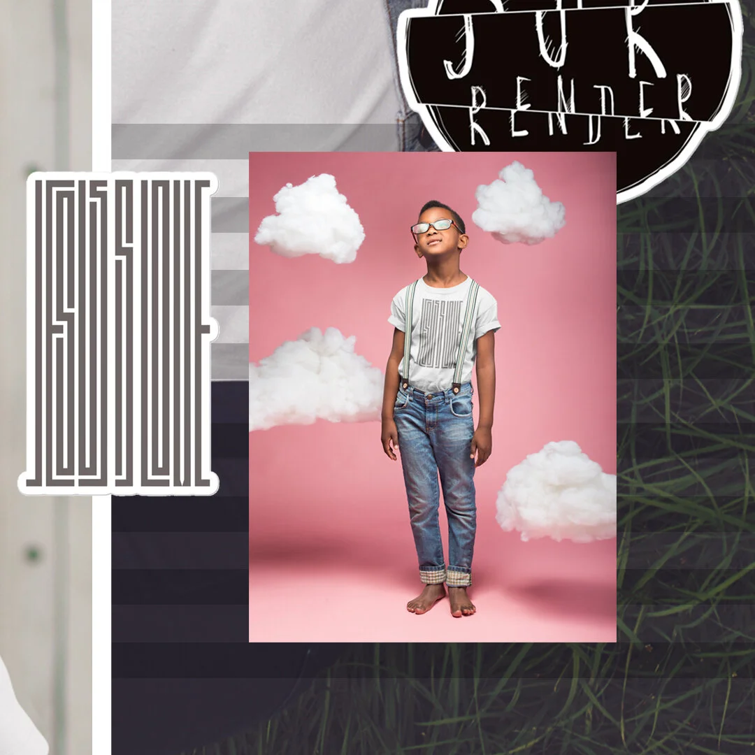 A boy wearing glasses, a t-shirt with a maze pattern, and jeans stands barefoot on a pink background with floating white clouds.