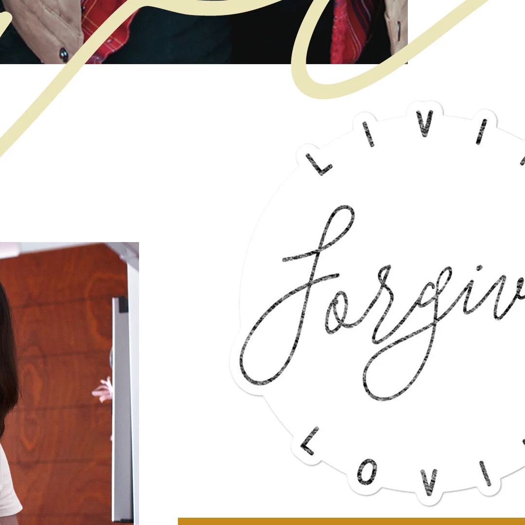 Close-up of a sign that says "Live Forgives" with a circular design around the word 'Live' and the word 'Forgives' in cursive.