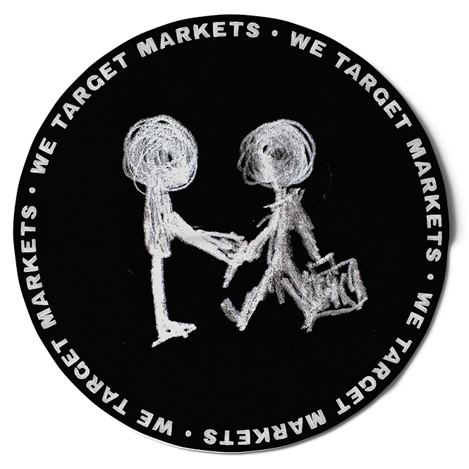 Interactive rotating brand identity graphic by twolineSTUDIO, featuring an animated circular sticker with the text WE TARGET MARKETS spinning over a black background.