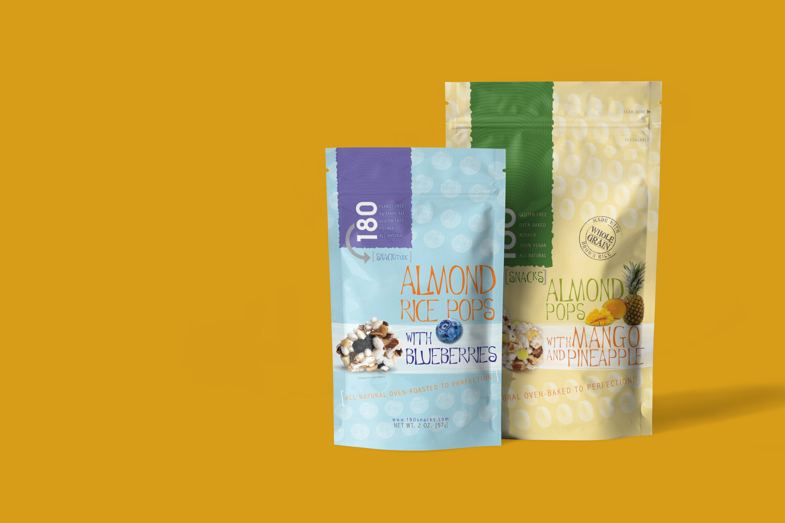 Custom stand-up food pouch packaging design and commercial label layout for Almond Rice Pops by BRND CRTV, showcasing matte blue, green, and yellow consumer branding blocks.