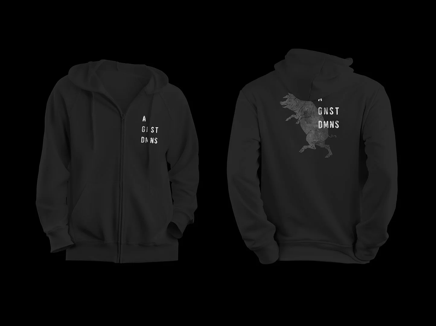 Black hoodie with a zipper, featuring white text "AGNST DMNS" on the front and a graphic of a walking PIG on the back, displayed against a black background.