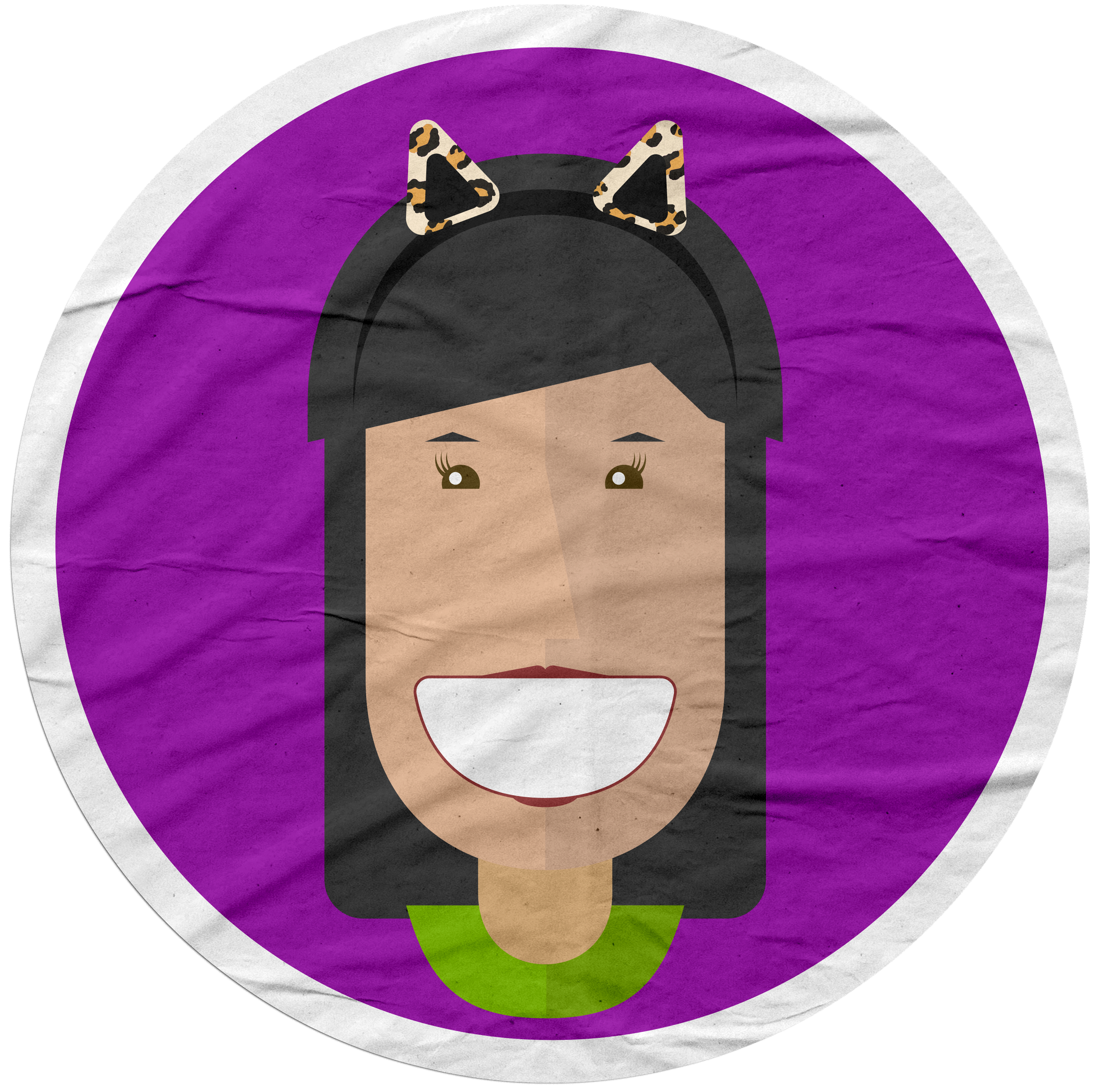 A cartoon illustration of a smiling girl with black hair, wearing a green shirt and a headband with leopard print cat ears, set against a purple circular background.