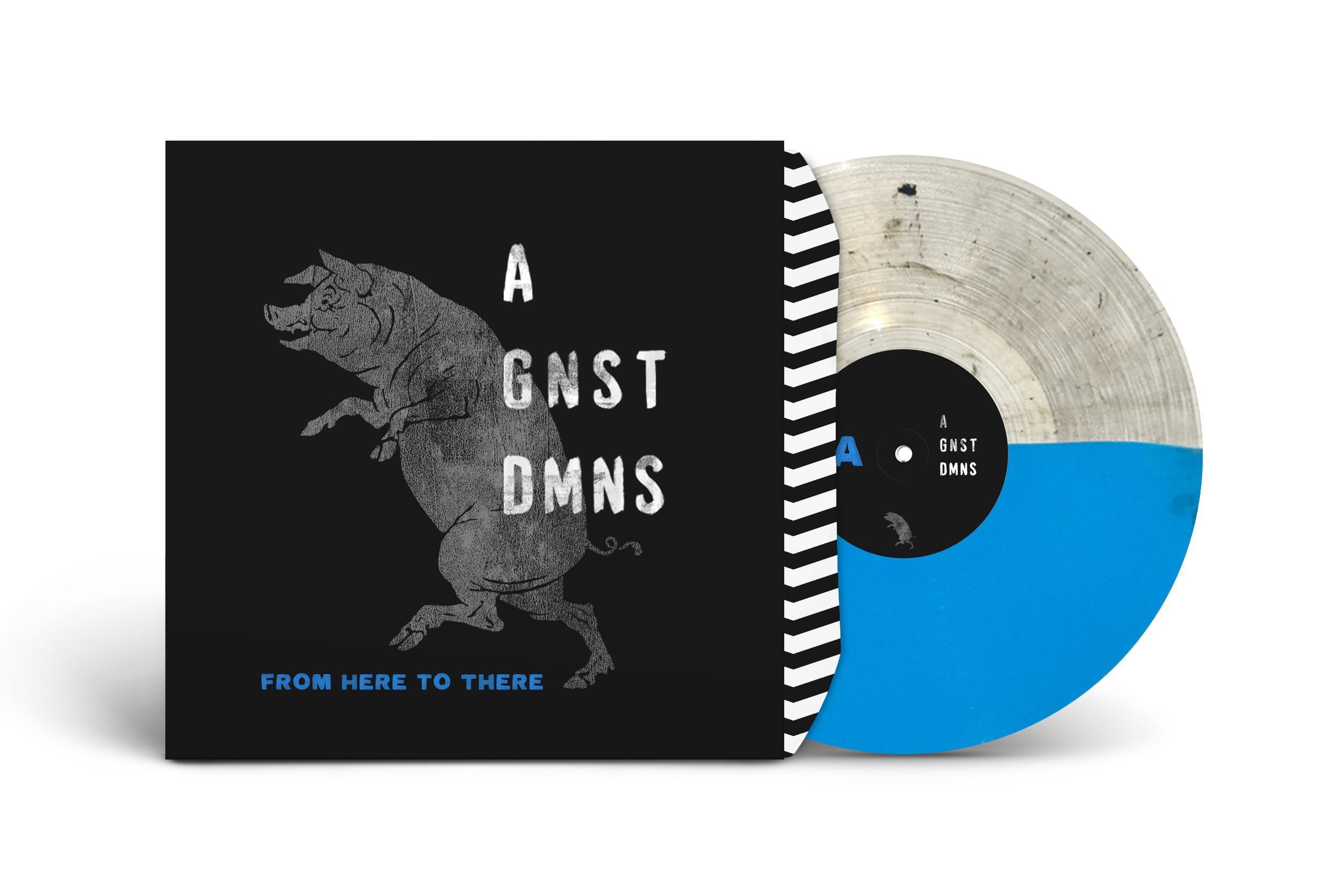 Vinyl record album cover and disc for 'AGNST DMNS' titled 'From Here to There,' featuring a black background, a gray rearing illustration, and text in white and blue on the cover, with the vinyl partially visible showing black, gray, blue, and yellow colors.