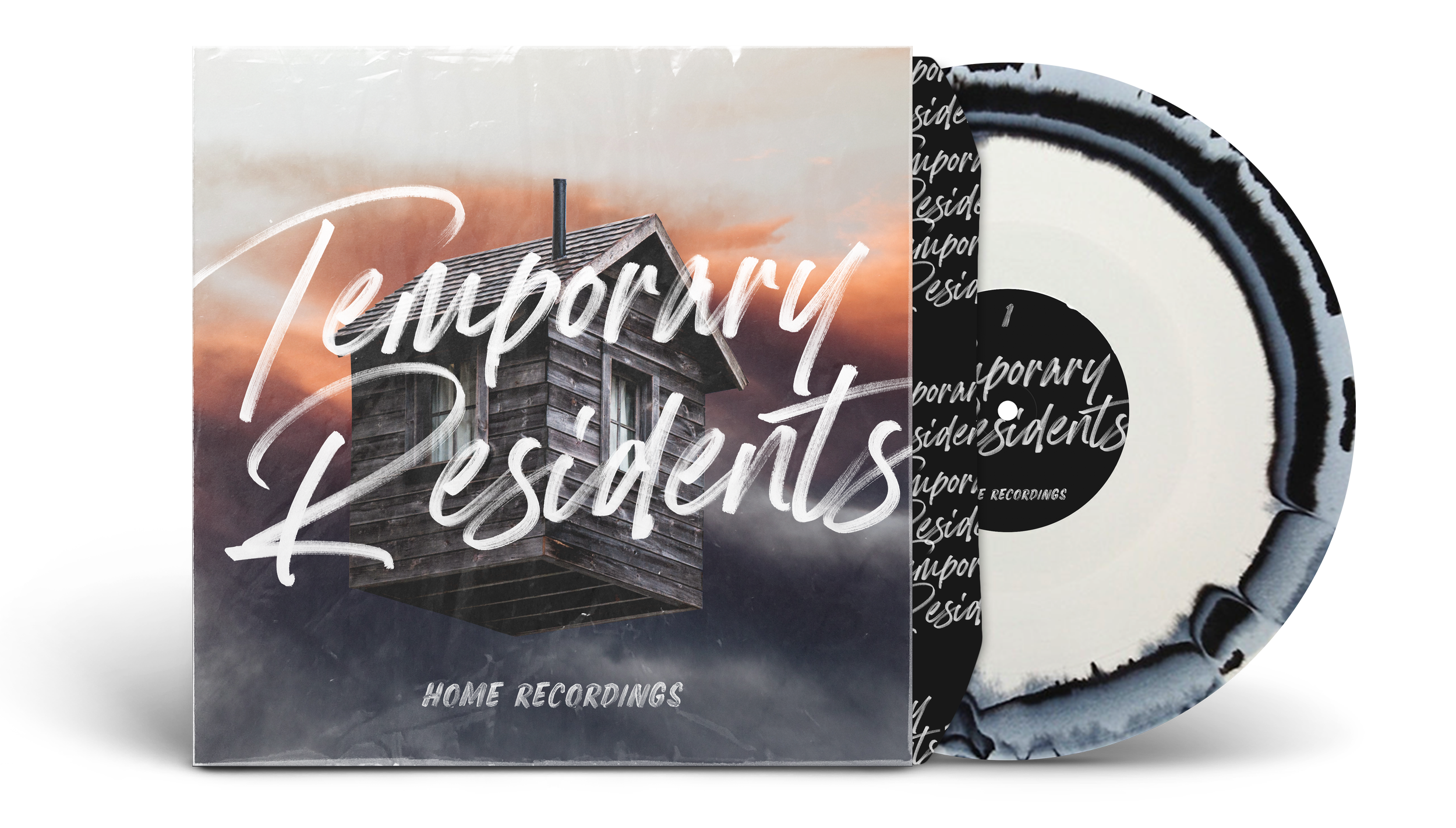 A vinyl record album titled 'Temporary Residents' by Home Recordings featuring a house on a cloudy sunset sky.