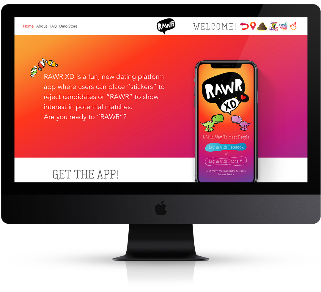 Screenshot of a mobile website for RAWR XD dating app, showing app description, logo, and download options on a colorful background.