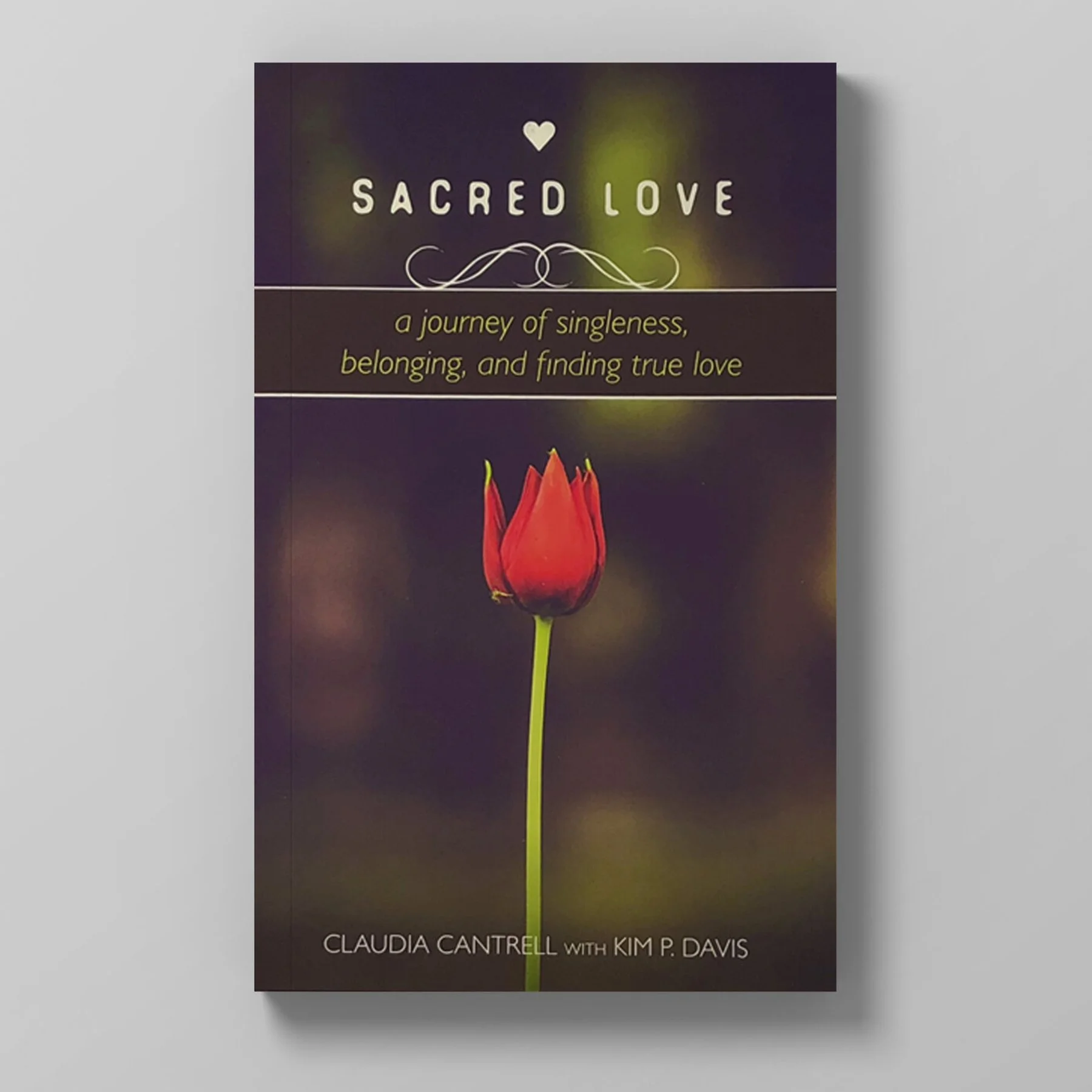 Book cover titled 'Sacred Love,' featuring a single red tulip with a green stem against a dark blurred background. The subtitle reads 'a journey of singleness, belonging, and finding true love,' and the authors are Claudia Cantrell and Kim P. Davis.