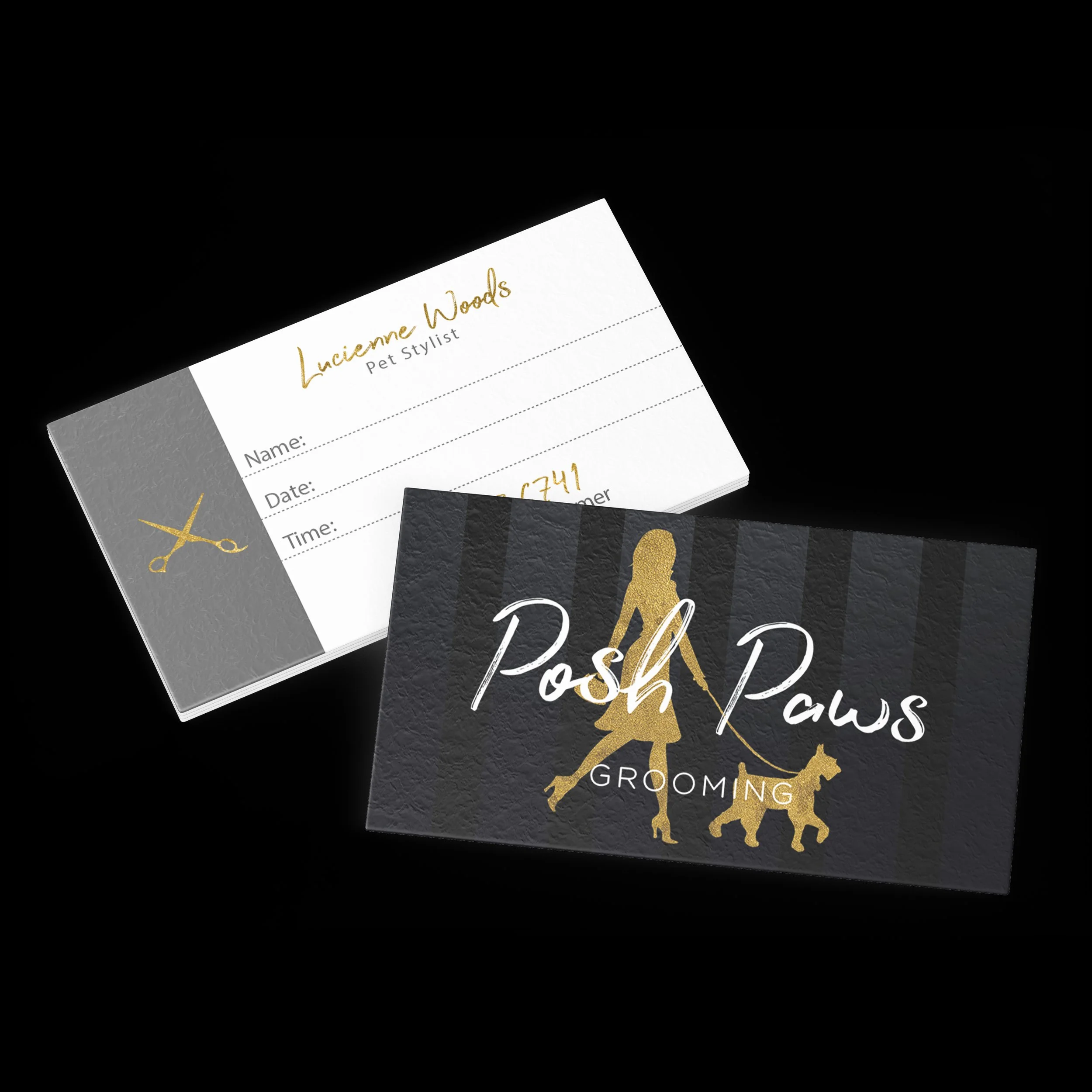Business cards for 'Posh Paws Grooming', featuring a gold silhouette of a woman walking a dog on a black textured background, and a pet stylist appointment card with gold scissors icon on a gray and white background.