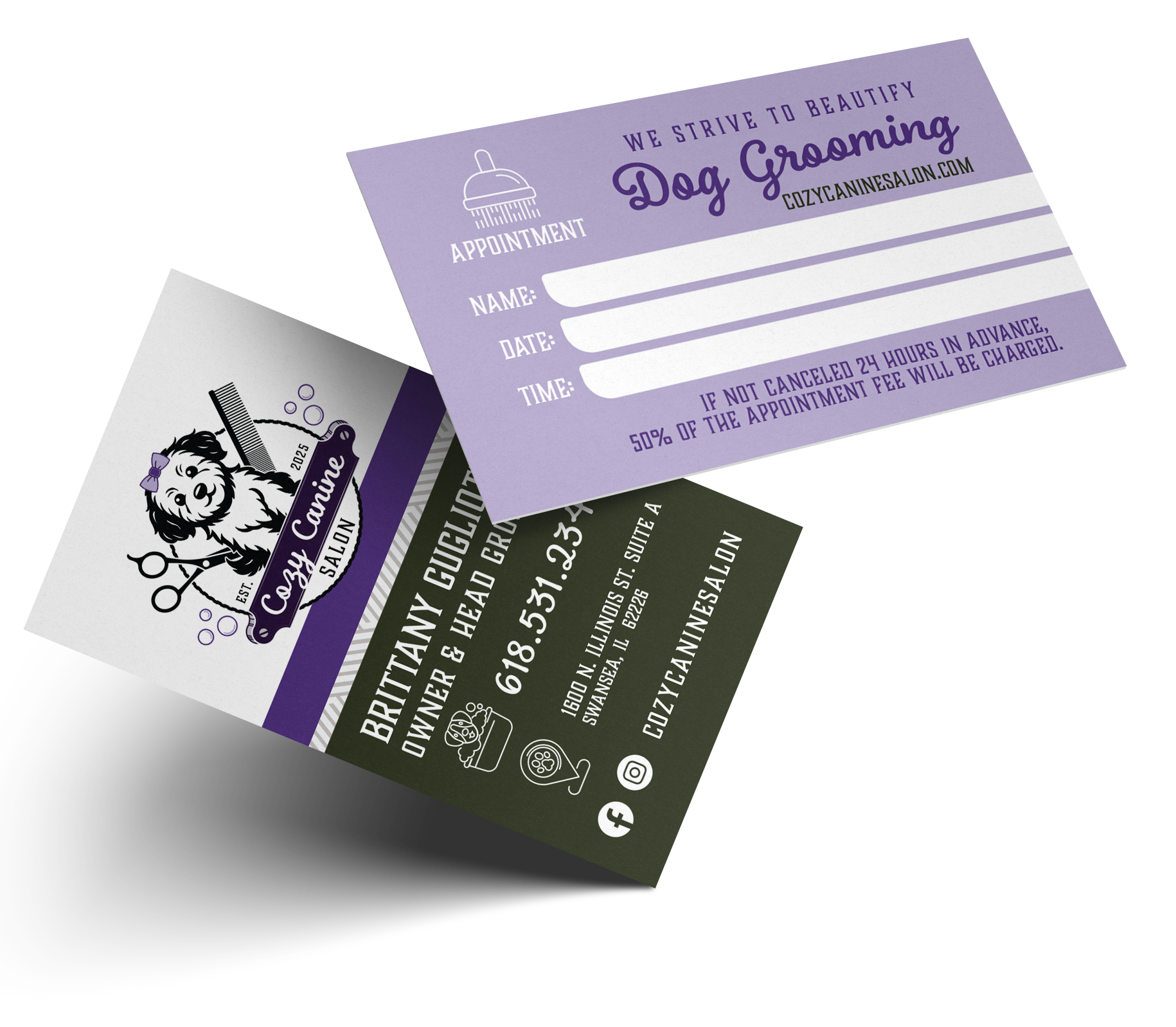 Business card for Cozy Canine Salon, dog grooming, with logo of a dog and grooming tools, address in Illinois, phone number, and social media icons; appointment card with fields for client name, date, and time, and a purple header.