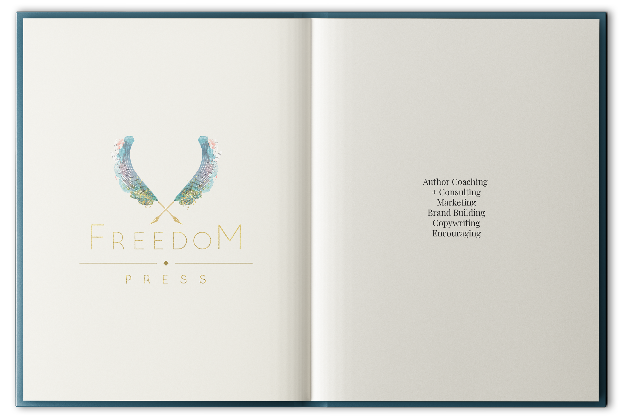 Open book with a decorative logo on the left page featuring two colorful feathers crossed with gold lines, and the words "FREEDOM PRESS" beneath. The right page lists services including author coaching, consulting, marketing, brand building, copywriting, and encouraging.