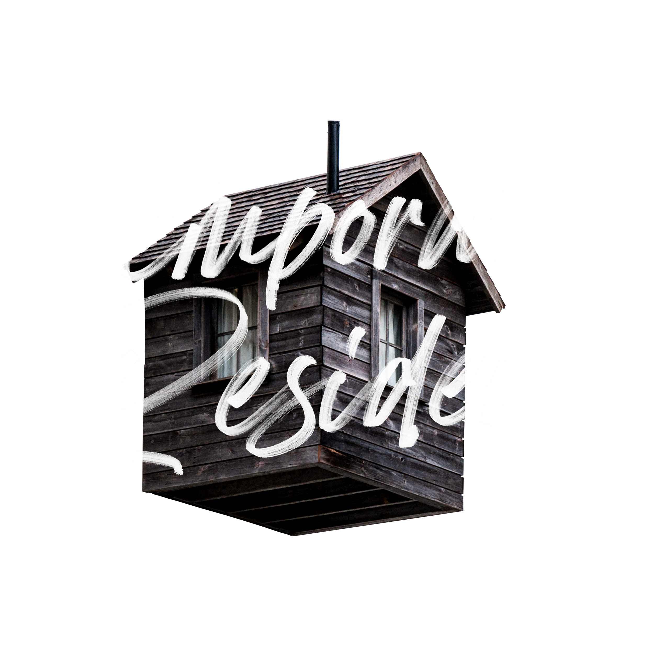 A small wooden house with dark weathered siding and a gabled roof, with overlaid text reading 'Embrace Residue' in white handwritten font.