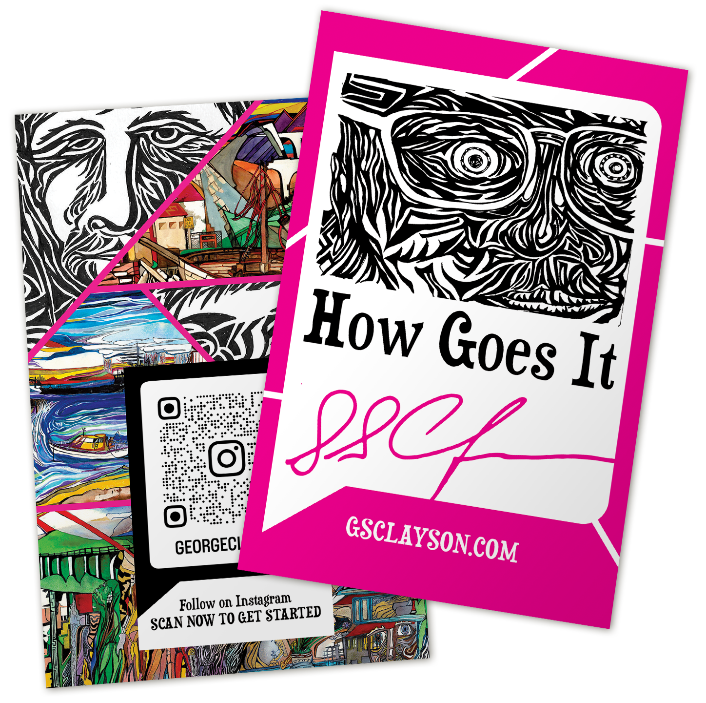 A colorful, artistic postcard and flyer promoting the artist G.S. Clayson, featuring abstract black and white face illustrations, cityscape scenes, boat images, a QR code, and text including the website gsclayson.com and Instagram handle George C.