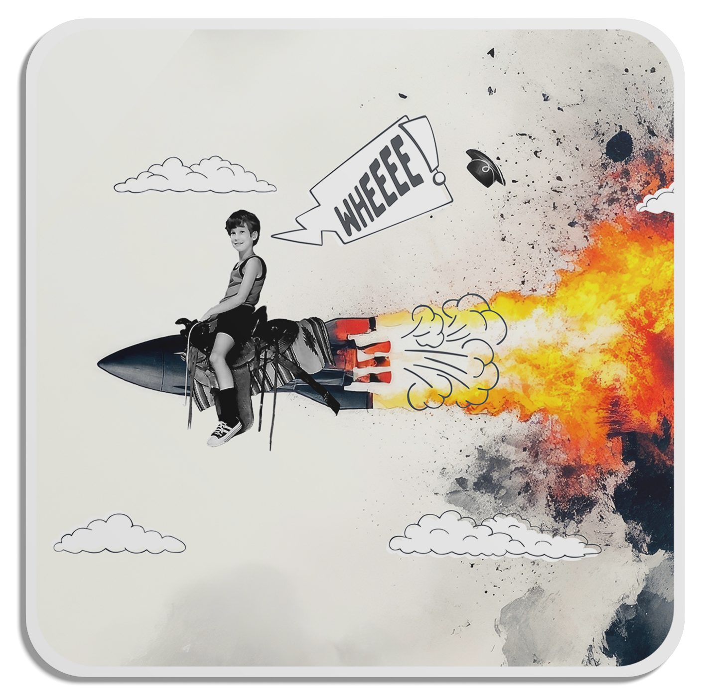 A young boy riding a paper cutout of a rocket ship with flames and smoke coming out of the back, depicted as a comic illustration. The boy has a smile and is wearing a striped tank top, shorts, and sneakers. A speech bubble above him says "WHEEEE". The background features clouds and a colorful explosion effect.