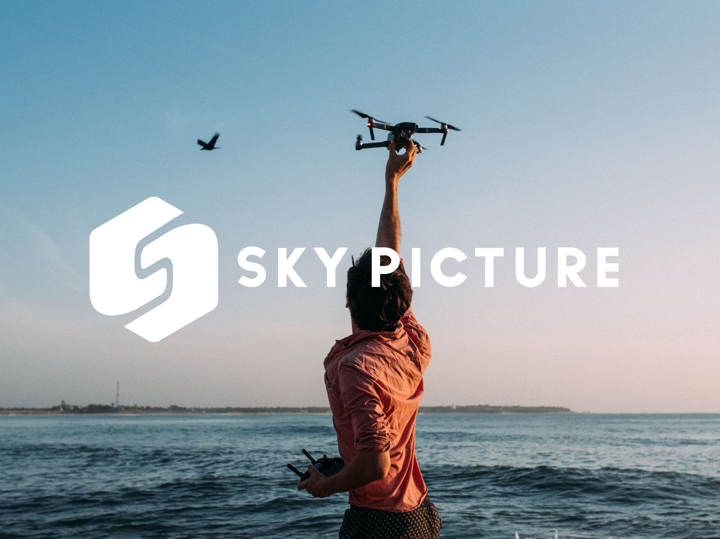 A man flying a drone by the water at sunset, with a bird flying in the sky and a distant shoreline in the background. Overlaid text reads 'Sky Picture'.