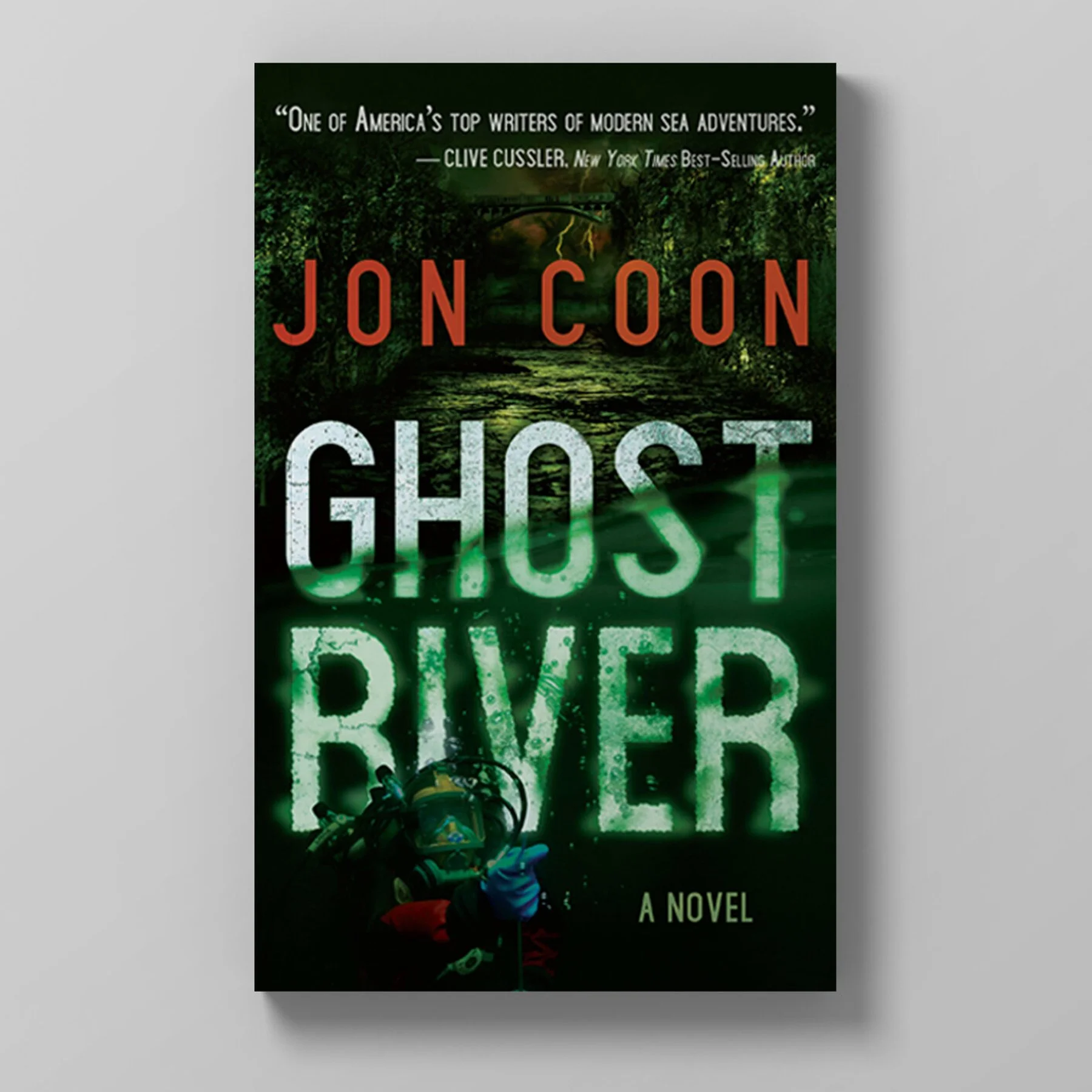 Book cover for 'Ghost River' by Jon Coon, featuring a dark river scene with green and white neon text, a diver in wetsuit with scuba gear at the bottom.