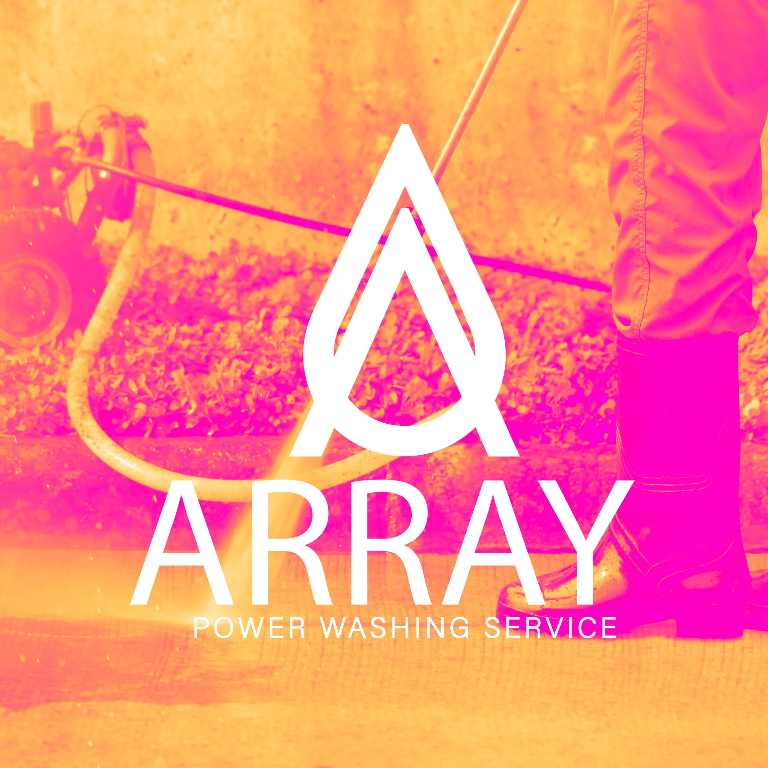 Logo for Array Power Washing Service over background of a person power washing concrete with a hose and spray nozzle, wearing boots and pants.