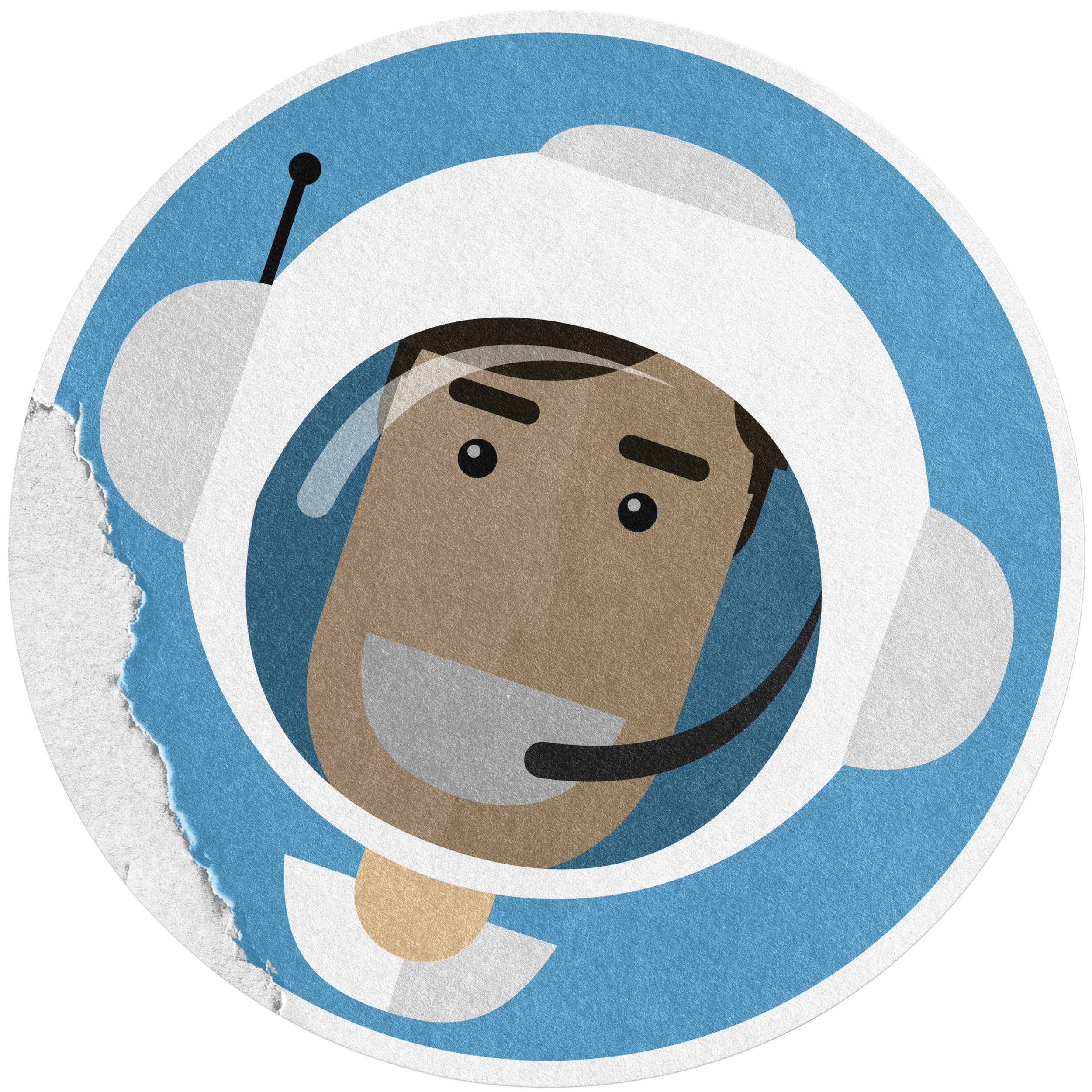 Cartoon illustration of a smiling person in an astronaut helmet, with a microphone headset, set against a blue circular background.