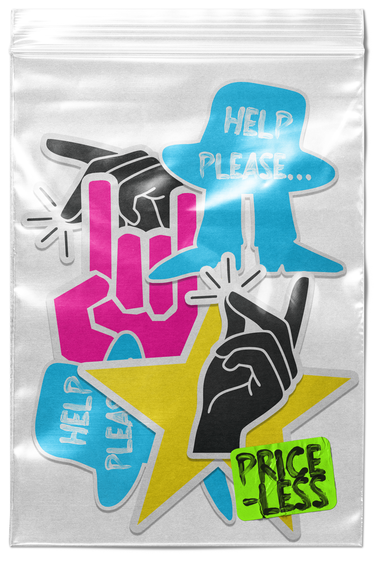 Sticker sheet with colorful hand-drawn style illustrations, including hands for a peace sign and a finger point, clouds with phrases 'Help Please' and 'Help Please...' in blue, a yellow star shape, and a green sticker with '-Price-Less' on it, all on a metallic background.
