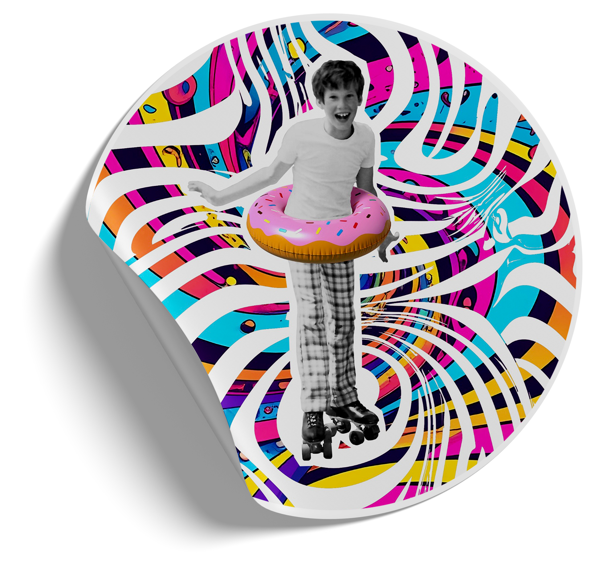A boy with a roller skating wearing plaid pants and a t-shirt, standing inside a pink donut-shaped float, on a swirling, colorful, patterned background.