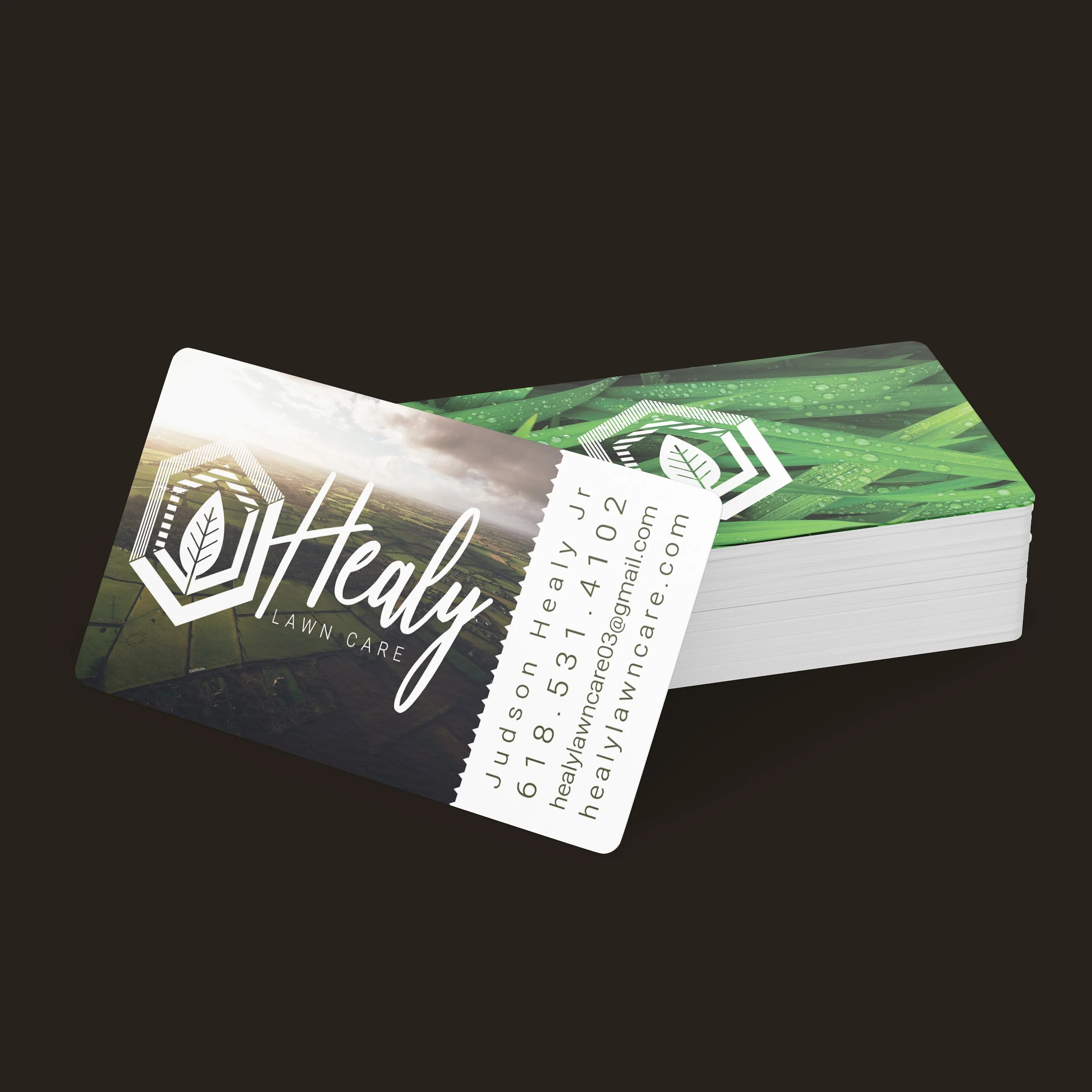 Business cards for Healy Lawn Care featuring a landscape background, company logo with a leaf inside a hexagon, and contact information on a white label.