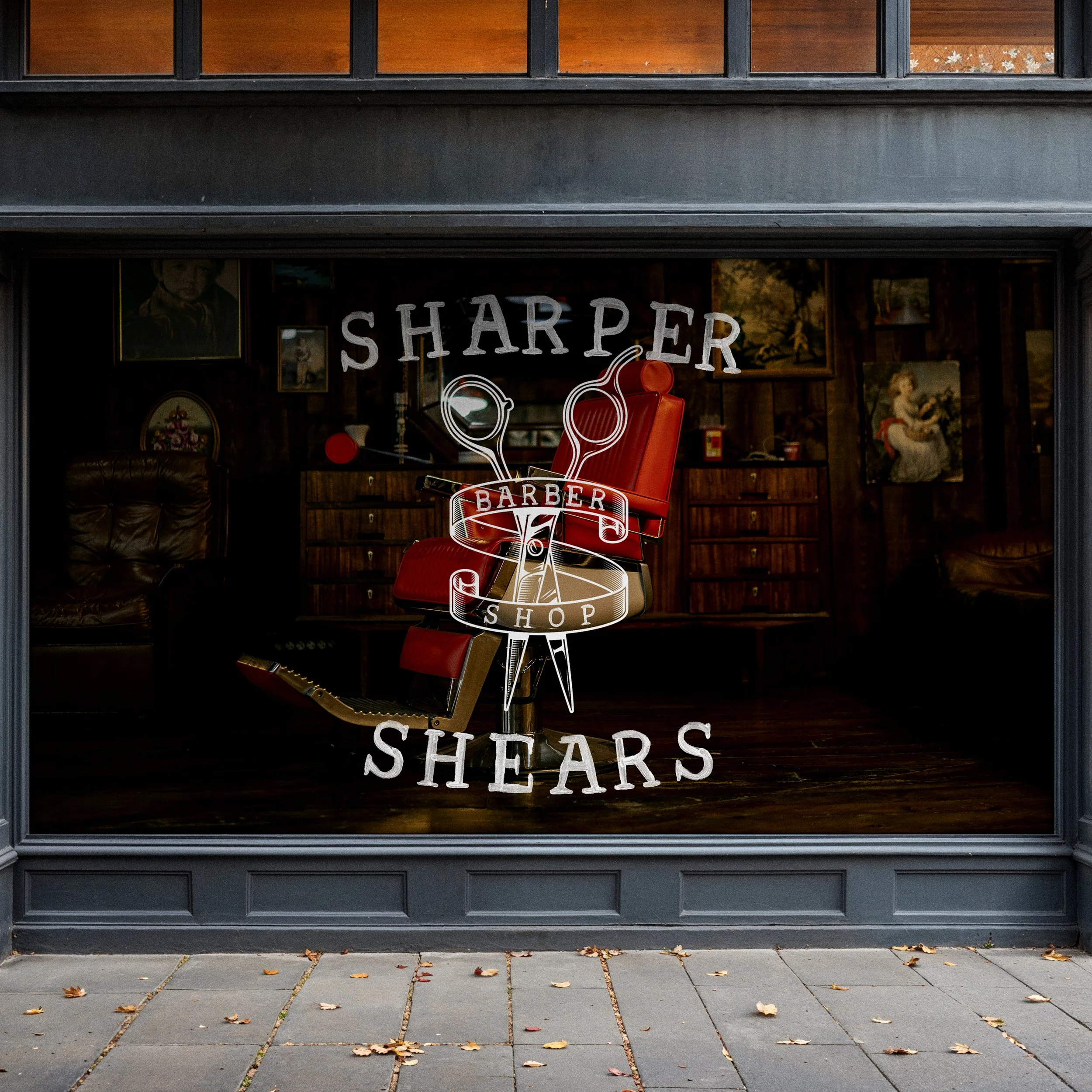 A barber shop window with the name 'Sharper Shears', featuring a vintage barber chair inside. The window displays a logo with barber tools and glasses.