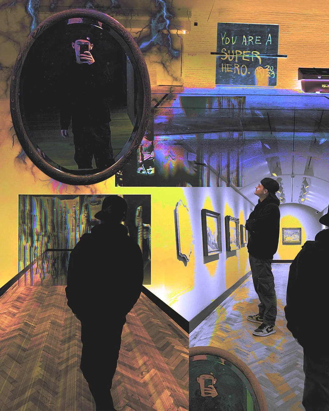 People inside an art gallery with colorful, vibrant walls and framed artwork. One person is looking at the paintings, and a mirror reflects another person taking a photo. There is a sign on the wall that says "You are a super hero.".