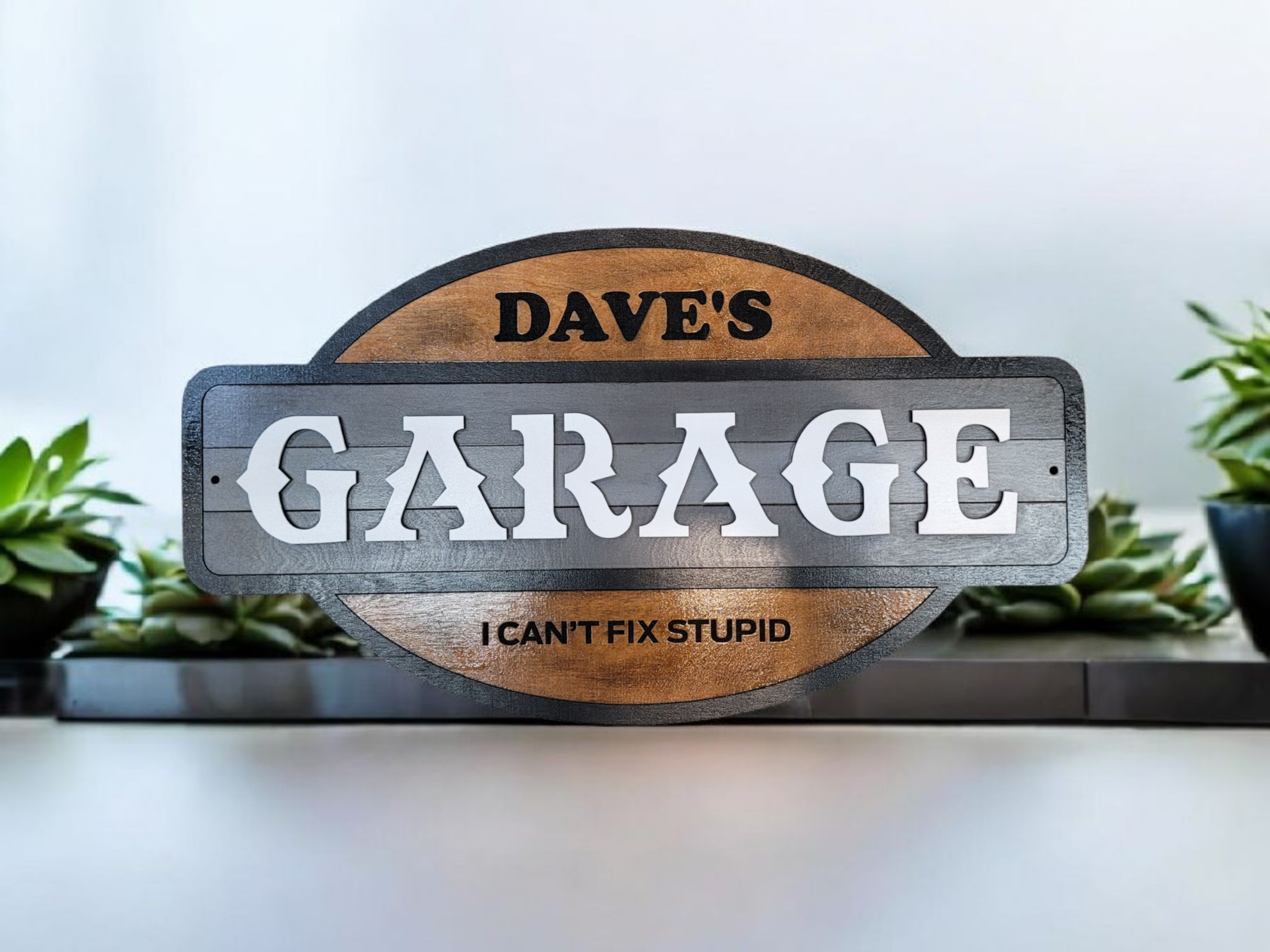 Sign that reads 'Dave's Garage' with the slogan 'I Can’t Fix Stupid' below, surrounded by potted plants.