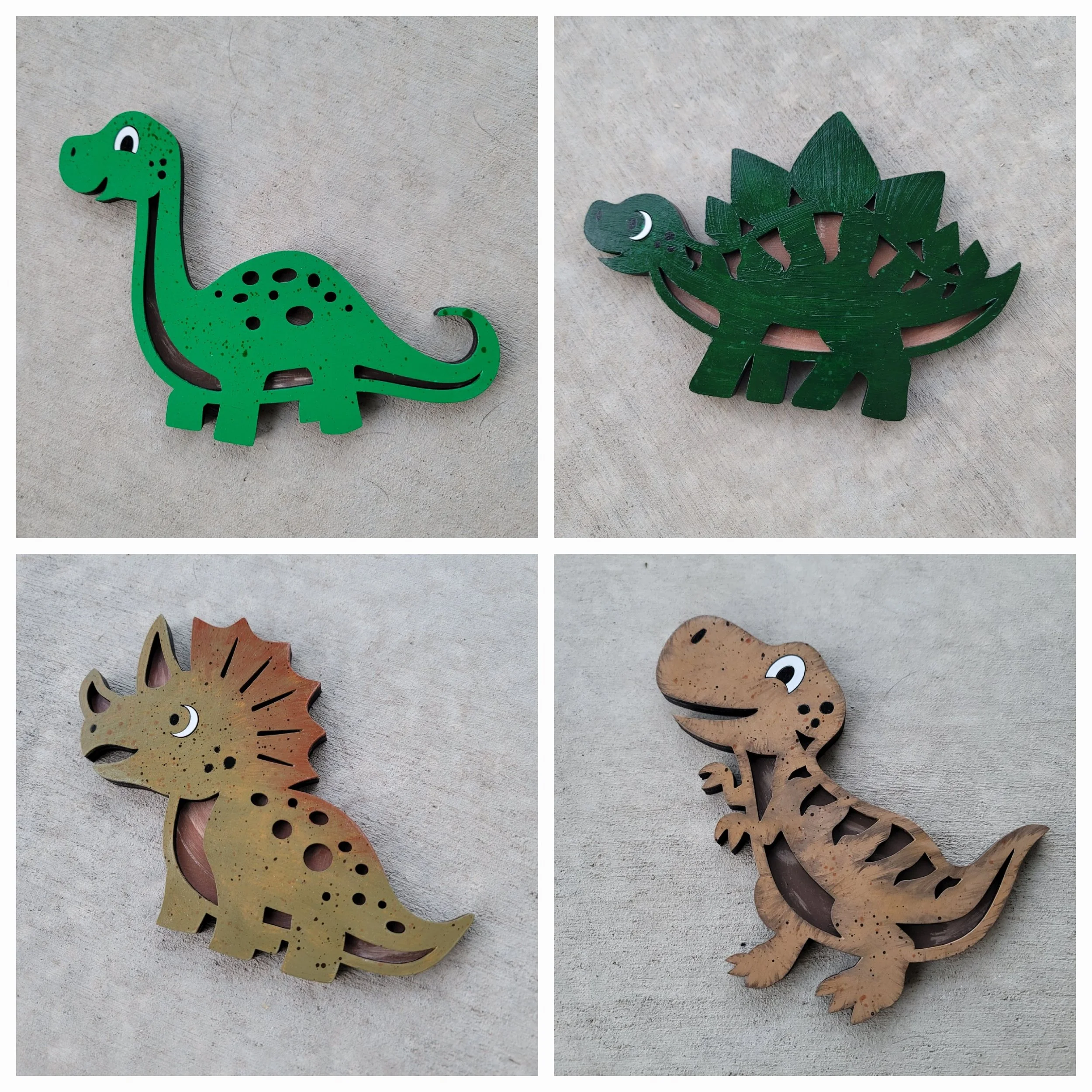 Four cartoon dinosaur cutouts, a green long-necked dinosaur, a green stegosaurus, a beige triceratops, and a beige T-Rex, each on a light-colored background.