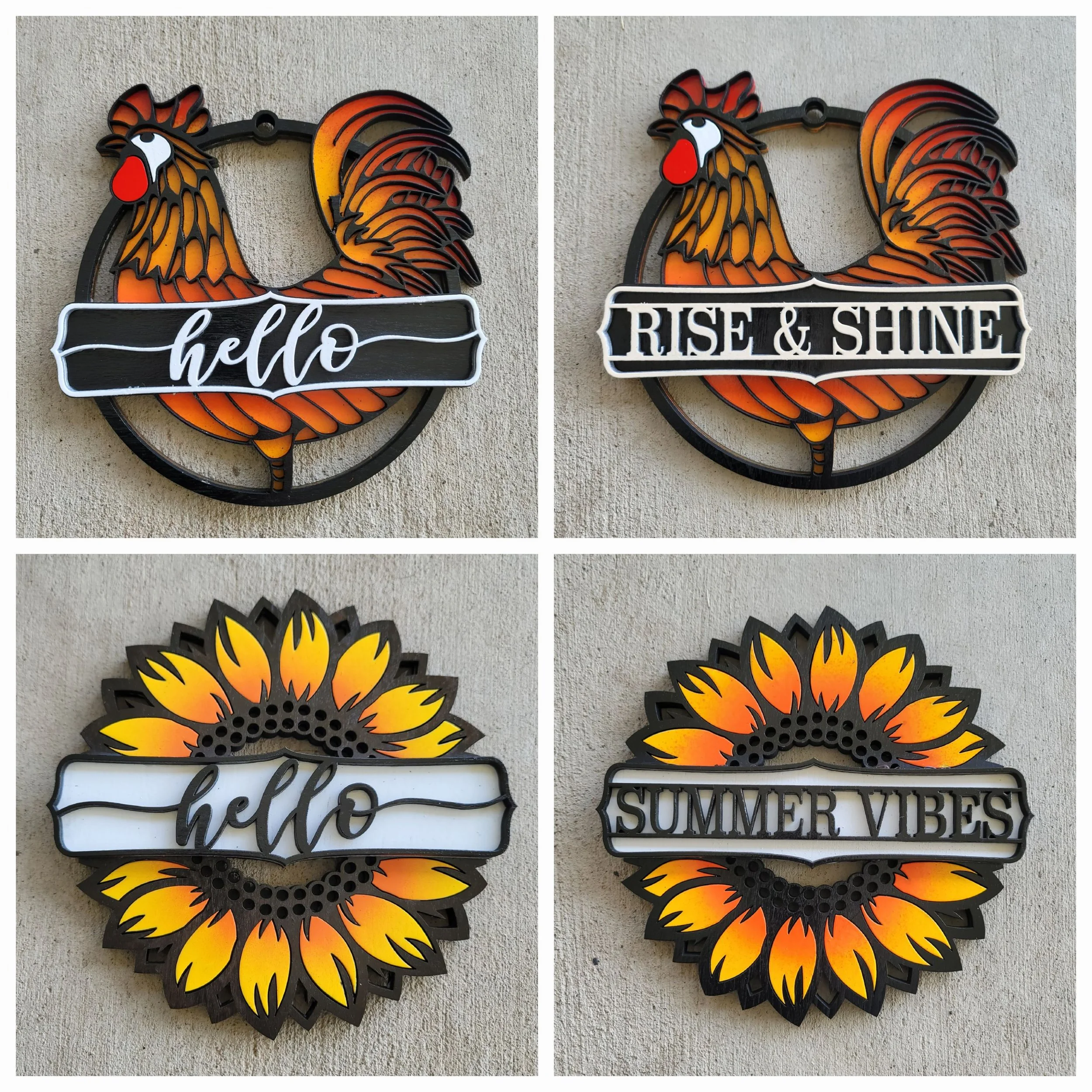 Decorative wall signs with sunflower and rooster designs, featuring phrases such as 'hello,' 'rise & shine,' 'summer vibes,' and one with a rooster illustration.